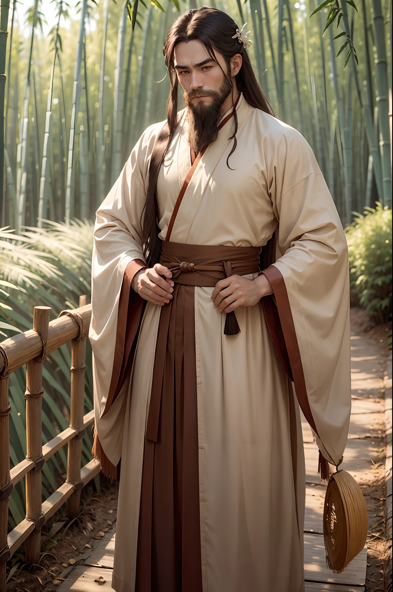 a 30 years old male, (wearing brown hanfu), ((holds Bamboo slip)), serious face, long beard, long hair, gradient eyes, bright eyes, anime, reflection light, ray tracing, depth of field, cowboy shot, cinematic lighting, masterpiece, (best quality), high details, highres, HD, 1080P