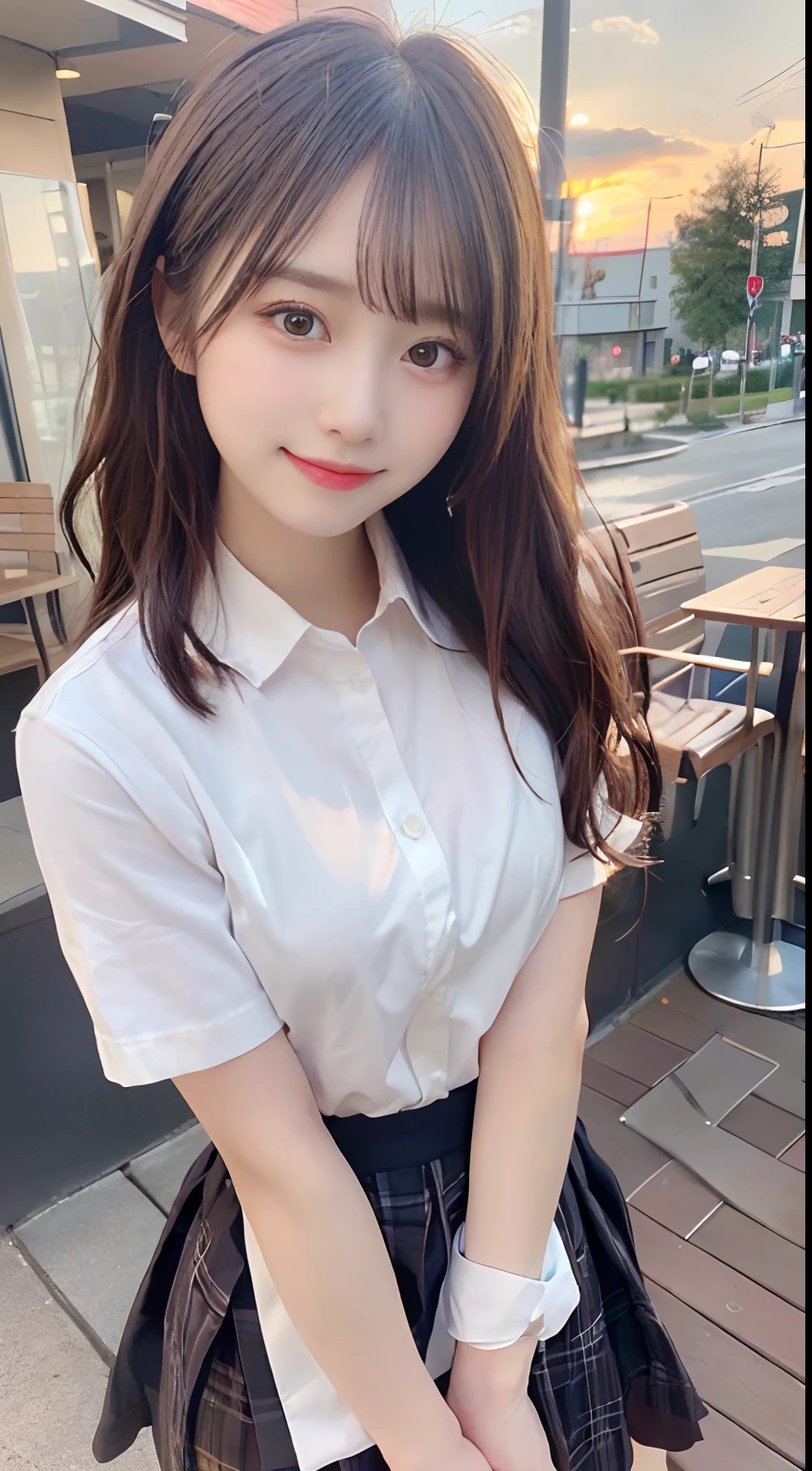 masutepiece, Best Quality,
Ultra-detailed, finely detail, hight resolution, in 8K,
((Photorealsitic:1.4, Raw photography, 超A high resolution,Top image quality: 1.4)),
Wallpaper,
((Perfect whole body configuration1.5)),
Beautiful detailed eyes, Natural Color Lip,
((a serene smile:1.5)),
((Random and cute hairstyles)),
((Uniform Y-shirt:1.5,student clothes、Collared uniform shirt、Shirt opens、Black bra visible、plaid skirts)),
((Random breast sizes from large to medium、cleavage of the breast:1.3)),
((Stand with your crotch spread:1.9,pulling the hands up)),
((breastsout、under look eyes、Mole on the arm:0.9)),
((Background in front of the café at sunset、Ball bokeh、f lare)),
((Smile)),
((((1 female:1.5))))
very detailed and professional lighting、
((Smile:1.5))、
((thigh visible:1.5))