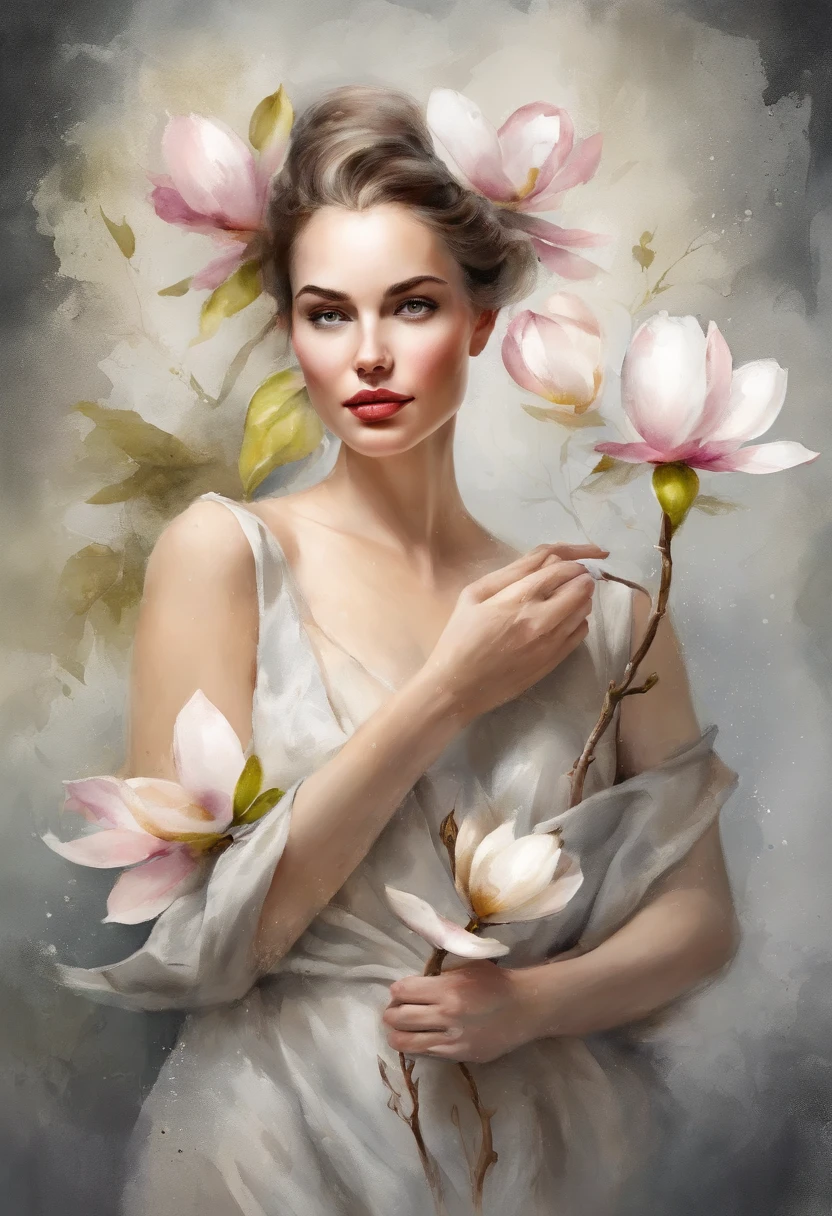 a woman with a magnolia flower painting with a splatter background and spray paint effect, by Eugeniusz Zak, watercolor art, by Károly Lotz, watercolor painting, watercolor painting style, watercolor detailed art, by Reuben Tam, watercolor digital painting, watercolor paint, masterfully detailed watercolor, watercolor art, Grzegorz Rutkowski