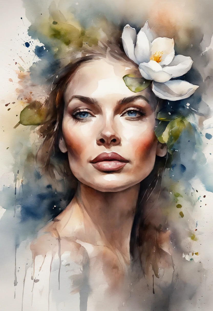 a woman with a magnolia flower painting with a splatter background and spray paint effect, by Eugeniusz Zak, watercolor art, by Károly Lotz, watercolor painting, watercolor painting style, watercolor detailed art, by Reuben Tam, watercolor digital painting, watercolor paint, masterfully detailed watercolor, watercolor art, Grzegorz Rutkowski