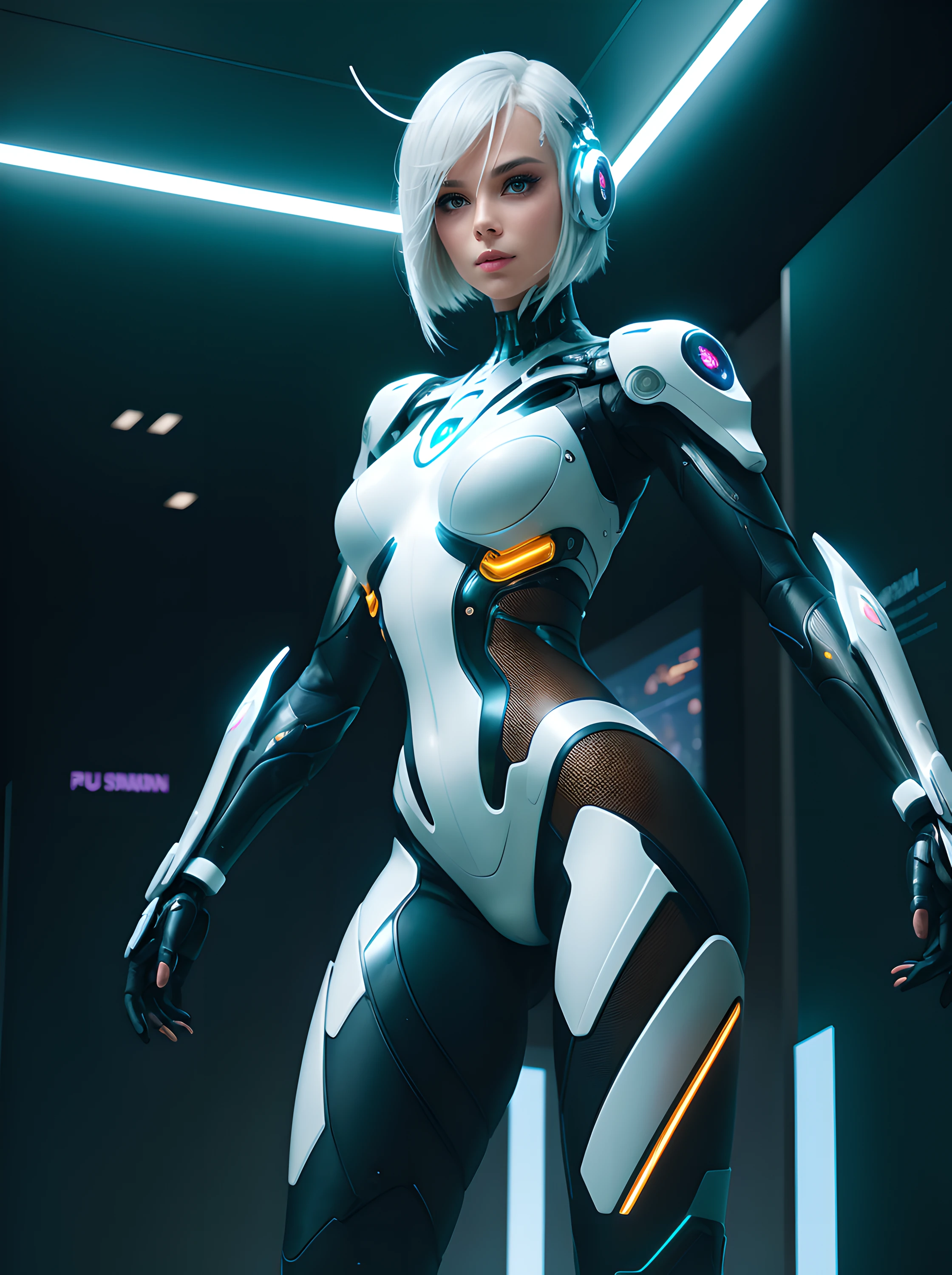 Woman in futuristic costume, Standing on the edge of the roof, cyborg - girl with silver hair, gynoid cyborg body, Anime Cyborg, perfect anime cyborg woman,  bent over (Posing on the display:1.4), Anime character; full body art, beutiful white girl cyborg, cybersuits, cyberpunk bodysuit, (intricate details:0.9), (HDR, hyper-detailing:1.2), (natural skin textures, hyper realisitc, soft light, Sharp)