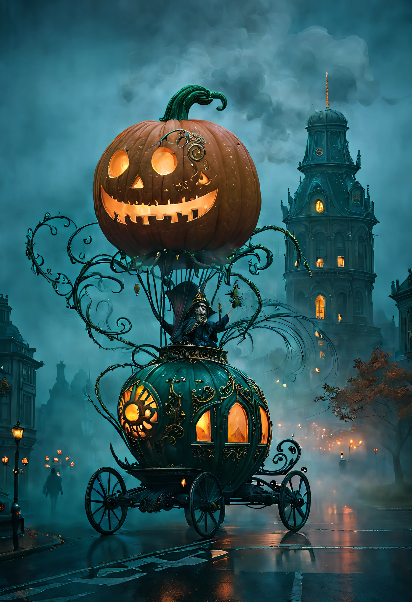 ssta, Enchanted Pumpkin Carriage casually cruising down a city roadway, beautifully adorned with intricate carvings and glowing from within, swirling mist, wonder, dark fairy-tale charm, enchanted vehicle, contrasting with typical mundane reality.