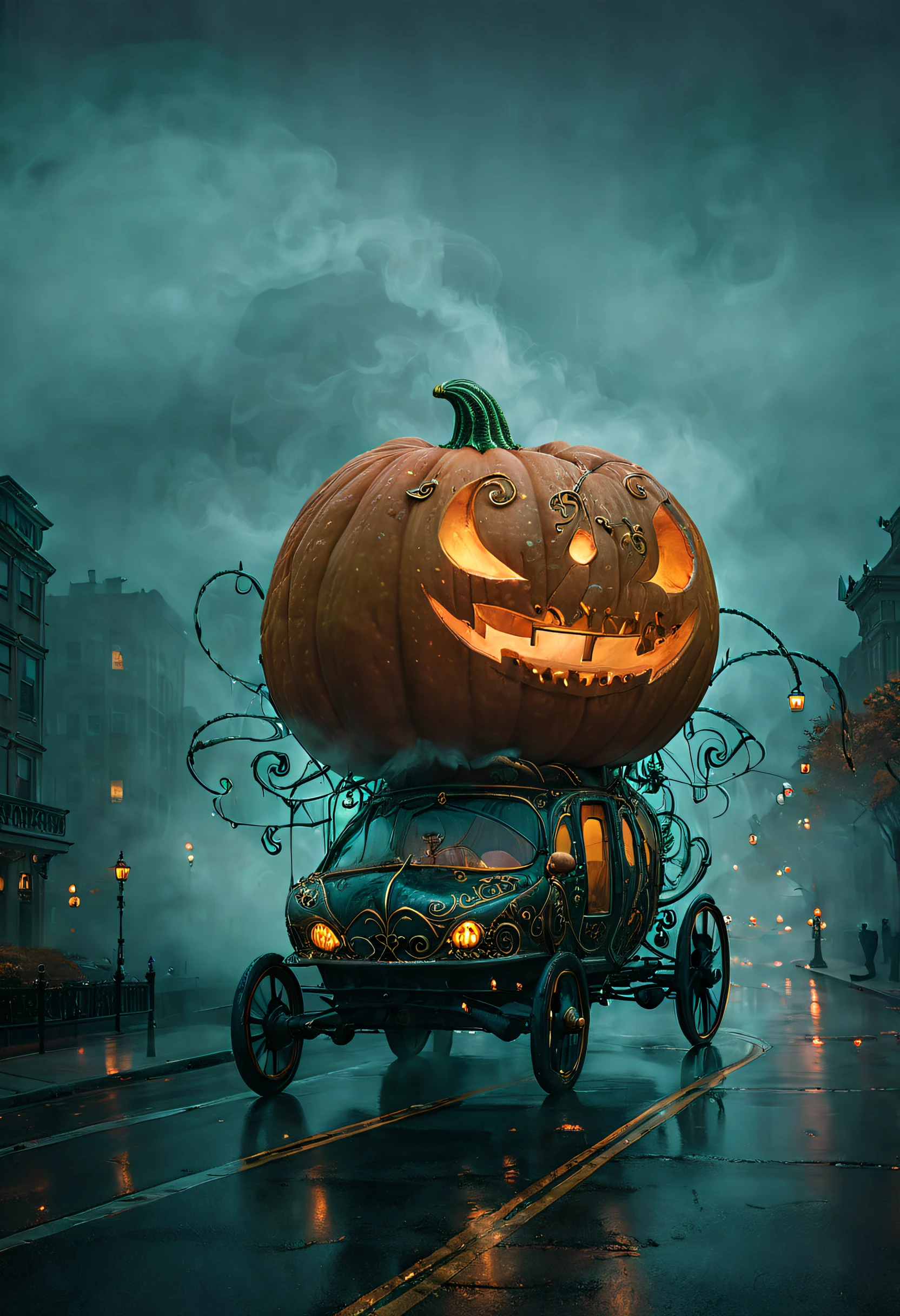 ssta, Enchanted Pumpkin Carriage casually cruising down a city roadway, beautifully adorned with intricate carvings and glowing from within, swirling mist, wonder, dark fairy-tale charm, enchanted vehicle, contrasting with typical mundane reality.