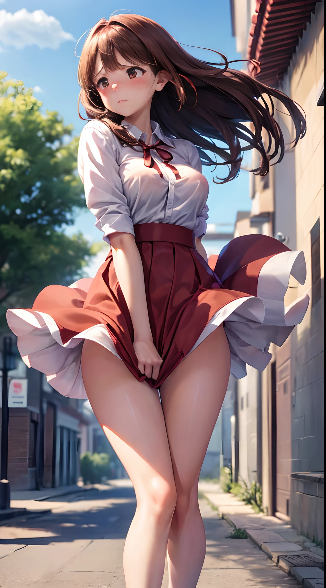 1womanl,Brown hair,Red ribbons ,((Impatient expression)),Beautiful breasts,White shirt,Red dress,well-styled,,(Facing the front)(((Blushing cheeks、embarassed expression)),(((The skirt is rolled up by the wind)))