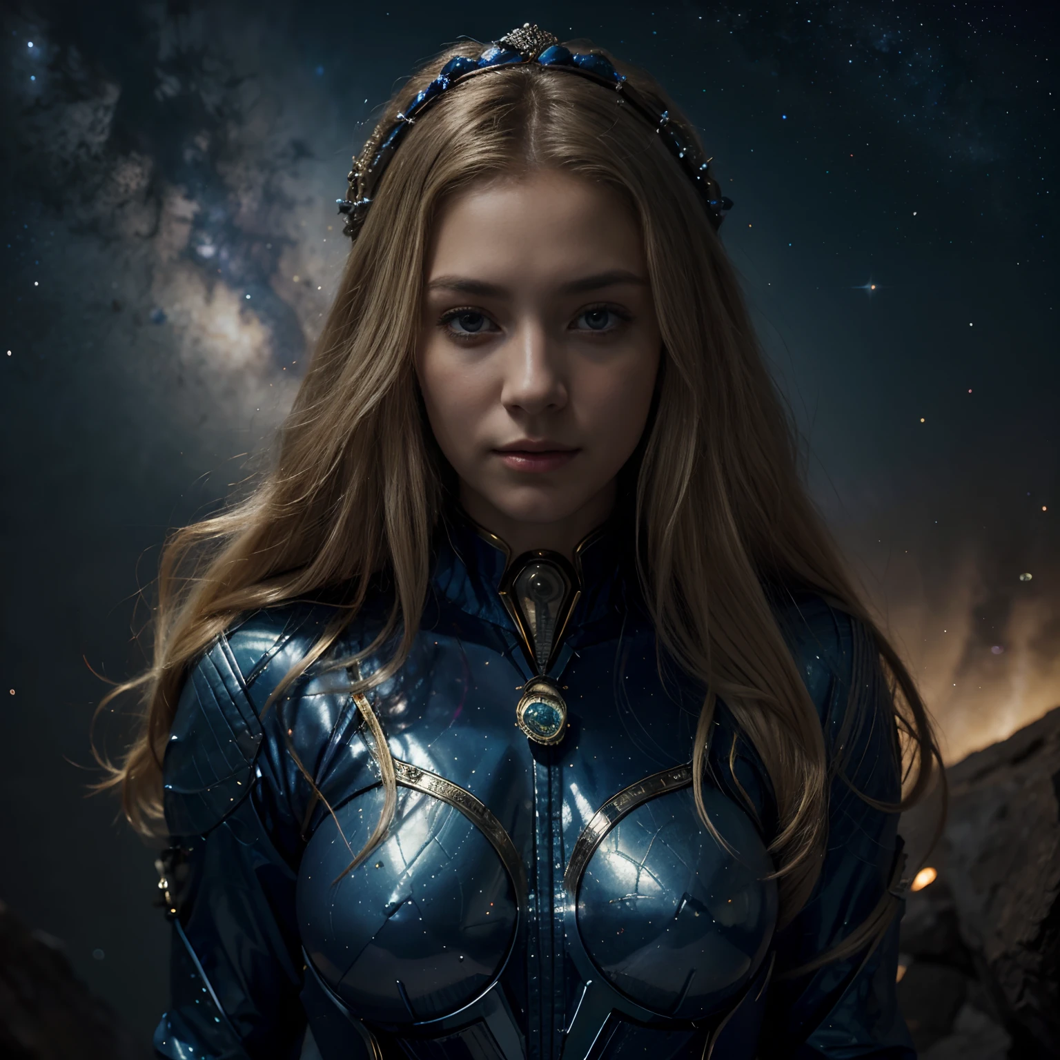 ​masterpiece、top-quality、Official art、Extreme details、Stellar lumen、cosmic space、Milky way、Mysteries of the universe、Silence、Cosmic Light、Goddess of Wisdom、Inherited Intents、Memory of antiquity、sapphire eyes、Long Blonde Hair、Tall and lean、Mysterious Beauty、sacredness、pure、resolute、noble、mercy、Deep insights、Leader of the Immigrant Corps、Blue spacesuit、charisma