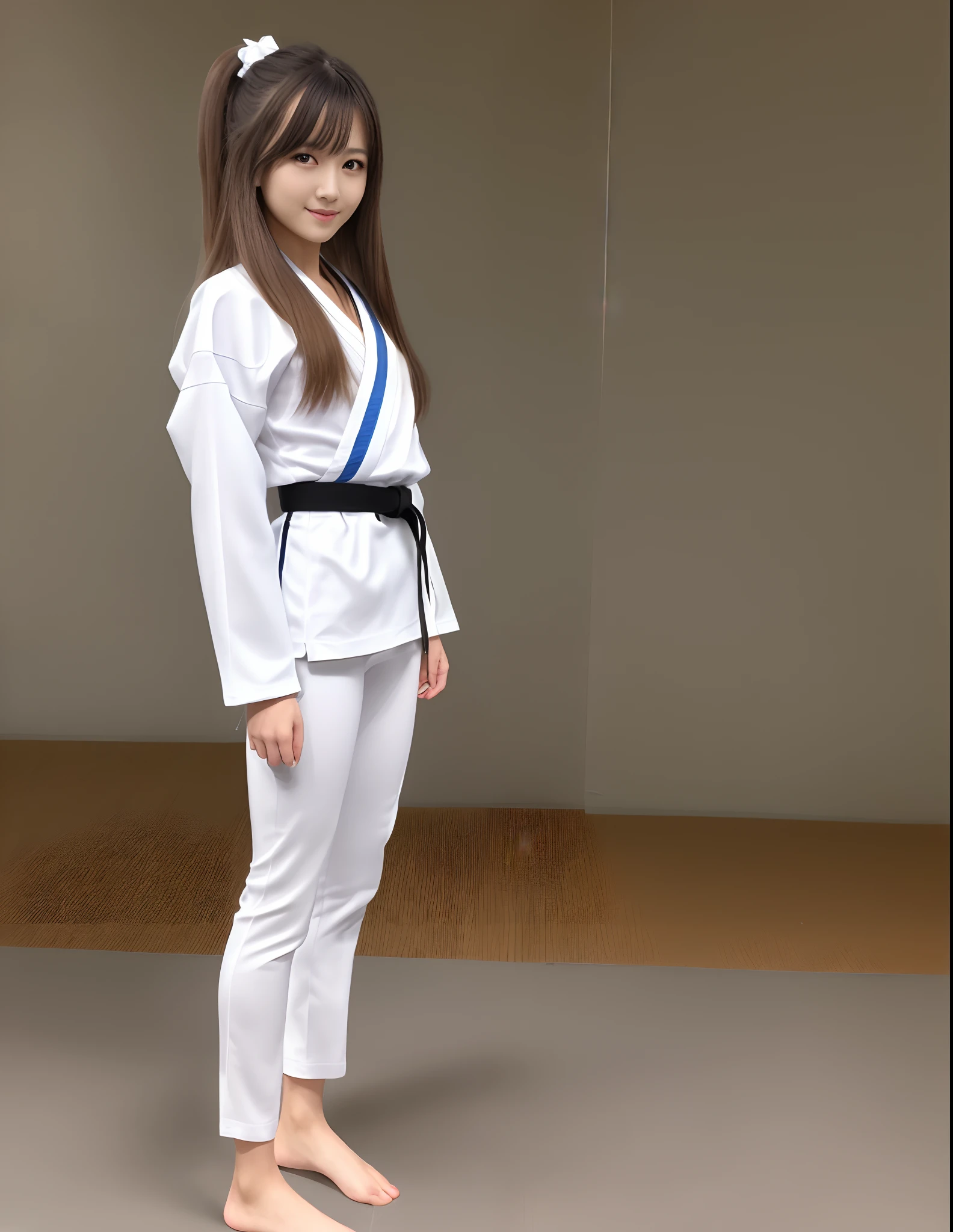 (Photorealsitic)(), Perfectly beautiful woman, (Full body 8K portrait), Stick out your fist, Large and dynamic hand and foot movements, Correct skeleton, White Karate Uniform, White karate pants, Large bust,Stand alone, Perfect facial detail, (Smile: 1.15), attractive beautiful face, gazing at viewer, a small face, 二重まぶた, Beautiful detailed eyes, long eyeslashes, ligh brown hair, poneyTail, Toned waist, Beautiful thin legs, toned ankles, bare-legged ,TOKYOcty