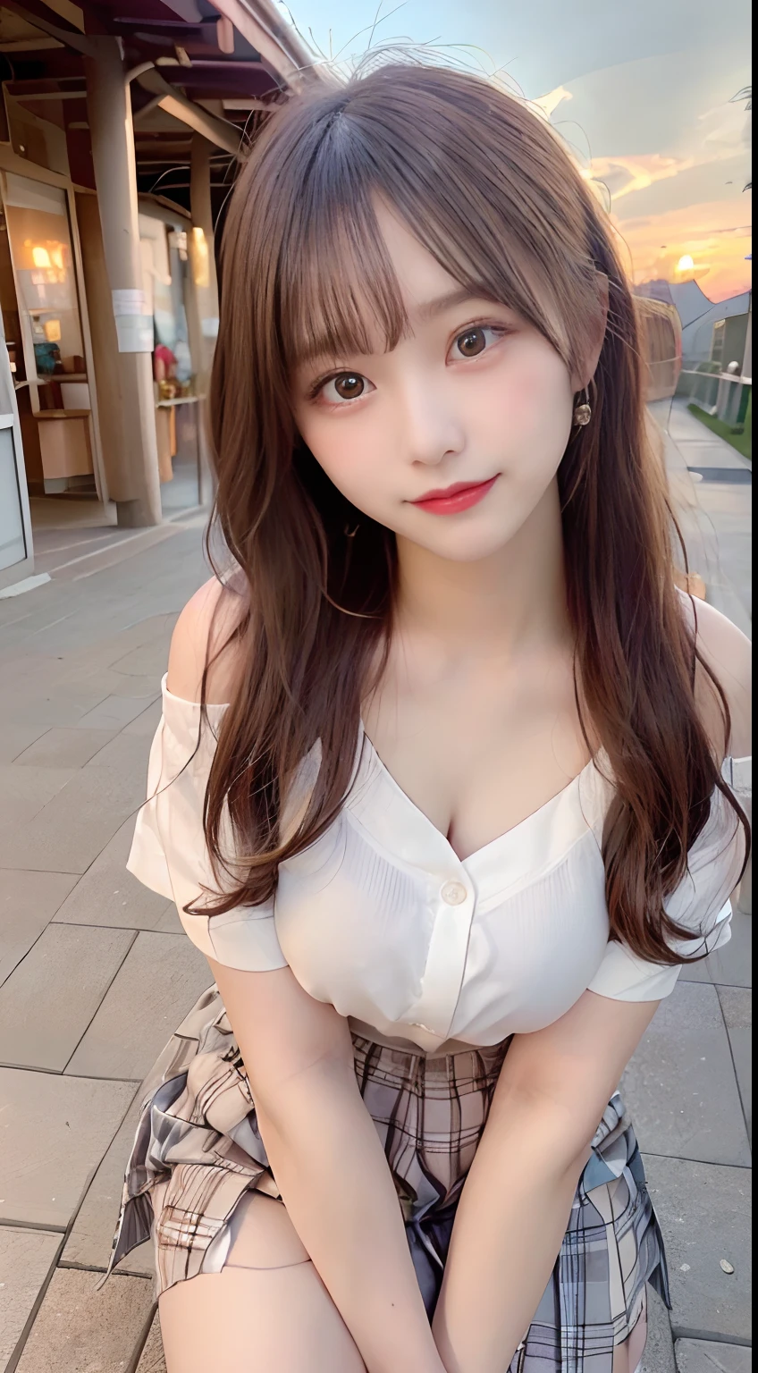 masutepiece, Best Quality,
Ultra-detailed, finely detail, hight resolution, in 8K,
((Photorealsitic:1.4, Raw photography, 超A high resolution,Top image quality: 1.4)),
Wallpaper,
((Perfect whole body configuration1.5)),
Beautiful detailed eyes, Natural Color Lip,
((a serene smile:1.5)),
((Random and cute hairstyles)),
((Off-the-shoulder school uniform Y-shirt:1.5,student clothes、School uniform shirt、Shirt not closed、plaid skirts)),
((Random breast sizes from large to medium、cleavage of the breast:1.2)),
((leaning-forward:1.5)),
((breastsout、under look eyes、Mole on the arm:0.9)),
((peer in from below)),
((Background in front of the café at sunset、Ball bokeh、f lare)),
((Smile)),
((((1 female:1.5))))
very detailed and professional lighting、
((Random and cute facial expressions:1.5))、
((thigh visible:1.5))