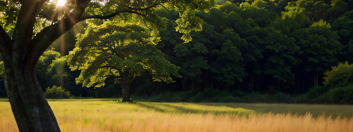 (Elegant simplicity) A captivating image that embodies the essence of Evolve Fiber Solutions. This image should be a serene representation of nature, Featuring singles, tall, Elegant tree standing alone in lush field. Leaves of trees swaying in the breeze, And warm, Golden sunshine bathes the scene. Soft background、Should be slightly blurry, Emphasizes the silhouette of the tree and the sense of tranquility it evokes. The image should convey a sense of growth, Sustainability, Harmonious relationship with the environment. Simple yet、Must be incredibly attractive, Capture the essence of our brand and our commitment to evolving the world of textiles.