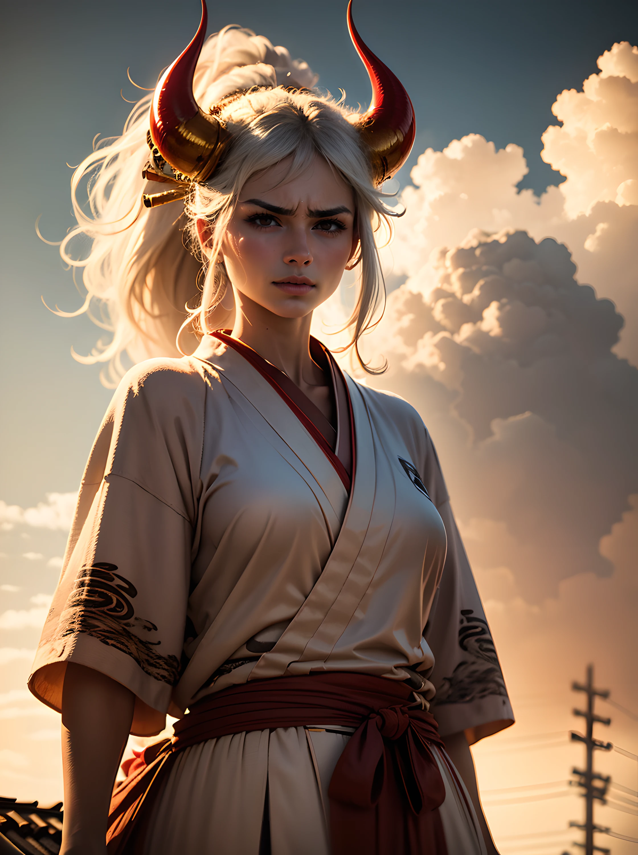 Woman with red horns on her head, in Japanese costume, Standing on the edge of the roof, with white hair, (intricate details:0.9), (HDR, hyper-detailing:1.2), (natural skin textures, hyper realisitc, soft light, Sharp)