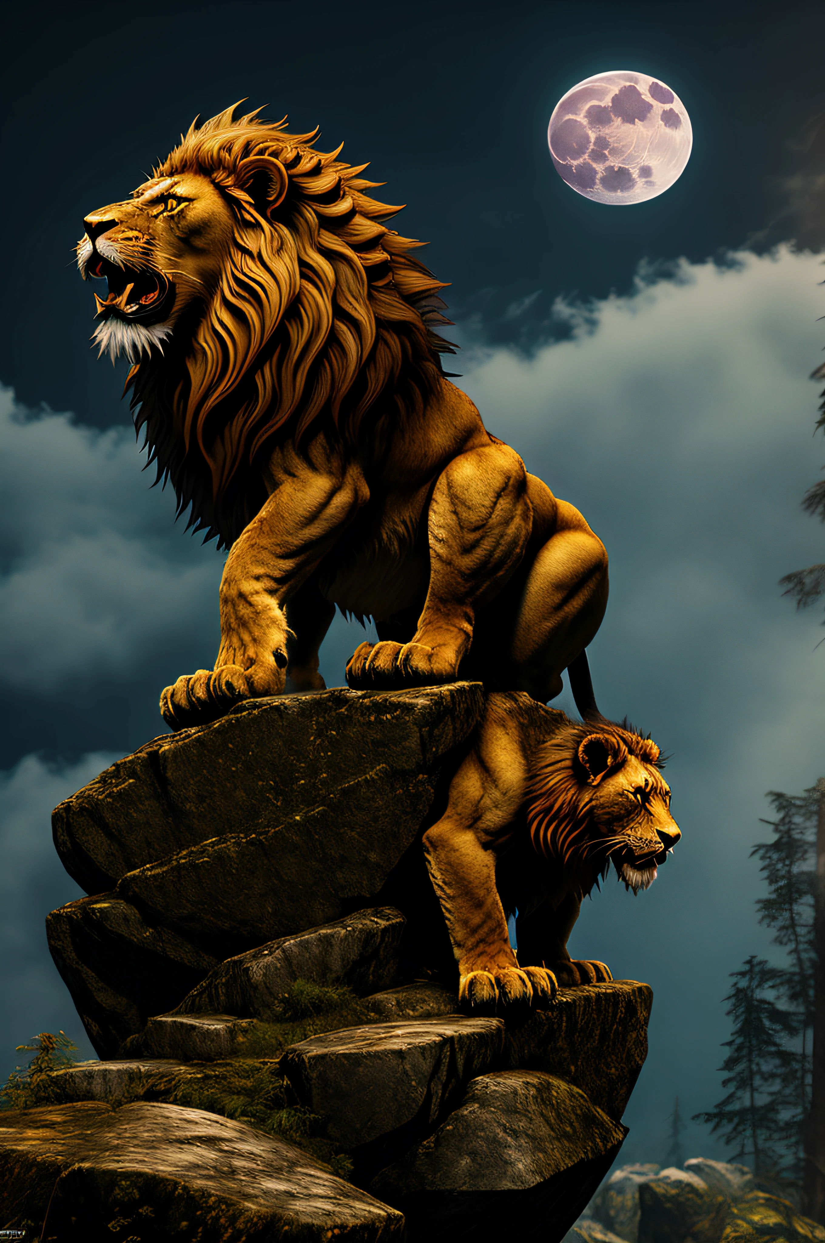 A mighty lion howling on a rocky cliff under the haunting full moon - Mythical Creatures.UHD SUPER REALISEM