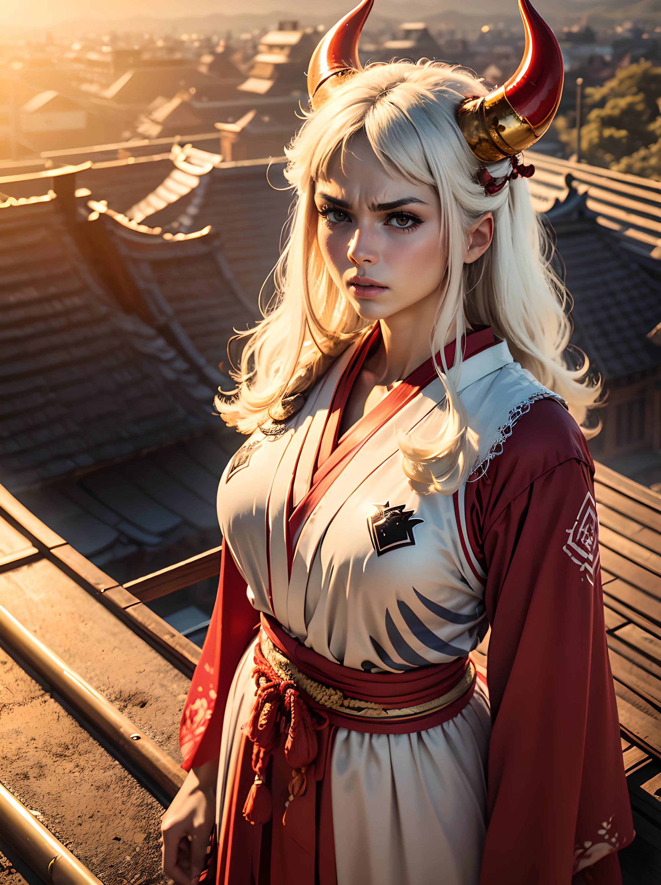 Woman with red horns on her head, in Japanese costume, Standing on the edge of the roof, with white hair, (intricate details:0.9), (HDR, hyper-detailing:1.2), (natural skin textures, hyper realisitc, soft light, Sharp)