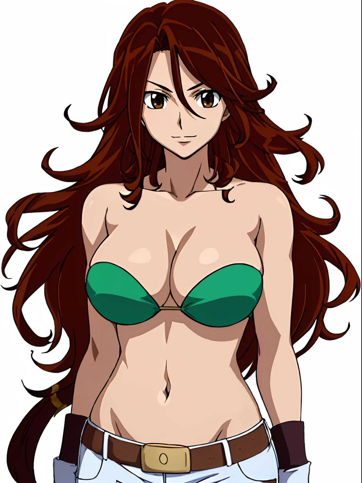 ((solo)), Best Quality, hires, curvy midsection, (strong woman, female wrestler, detailed muscles), smile, happy), upper body only, anime style: 1.8, anime drawing, ultra detailed face, ultra detailed body, 4k, Sumergai Lee Noriega, (standing), best quality, anime style, hires, highest definition, digital blending, bold drawing lines, (((White Background))), ( (pro female wrestler), long attractive belly, slim body, ((strong arm muscles)), broad shoulders , off-shoulders, closed fists, (strapless bikini, shorts, white gloves, , arm band, (champion belt))), (large breasts, defined cleavage, closed mouth, sexy navel), (big eyes, brown eyes, shiny eyes), (reddish hair, loose hair, curly hair, wavy hair, long hair, floating hair), 27 years old