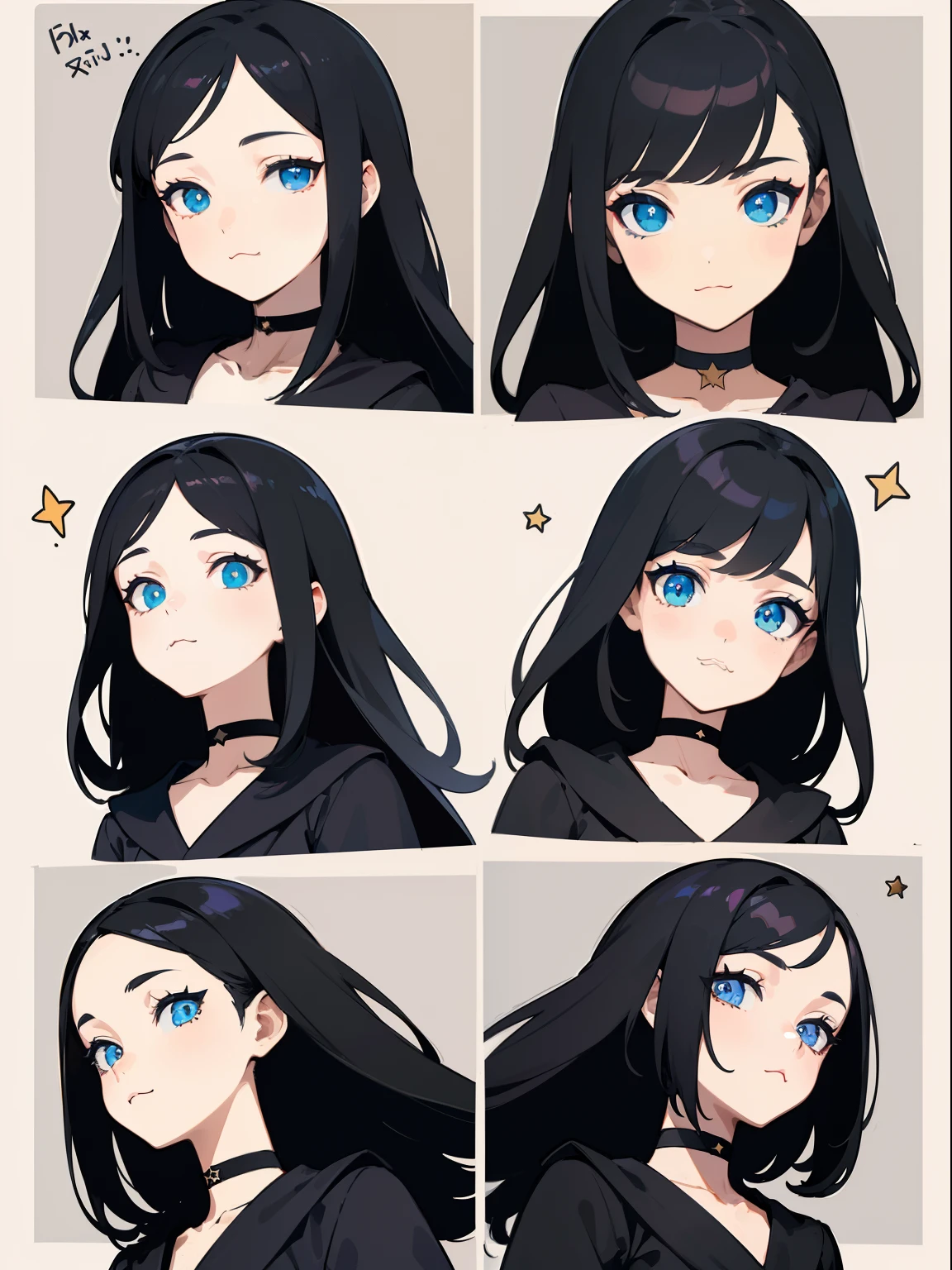 ((Masterpiece, Highest quality)), Detailed face, character sheets, full bodyesbian, Full of details, Multiple poses and expressions, Highly detailed, Depth, Many parts, 1boys , Children all over the body :3, Black crop top, mitts, Stockings, Black choker, The eye, Star (symbol), pupils in symbol shapes
