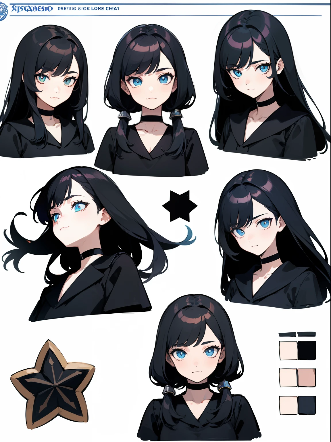 ((Masterpiece, Highest quality)), Detailed face, character sheets, full bodyesbian, Full of details, Multiple poses and expressions, Highly detailed, Depth, Many parts, 1boys , Children all over the body :3,  Black crop top， mitts, Stockings, Black choker, The eye, Star (symbol), pupils in symbol shapes