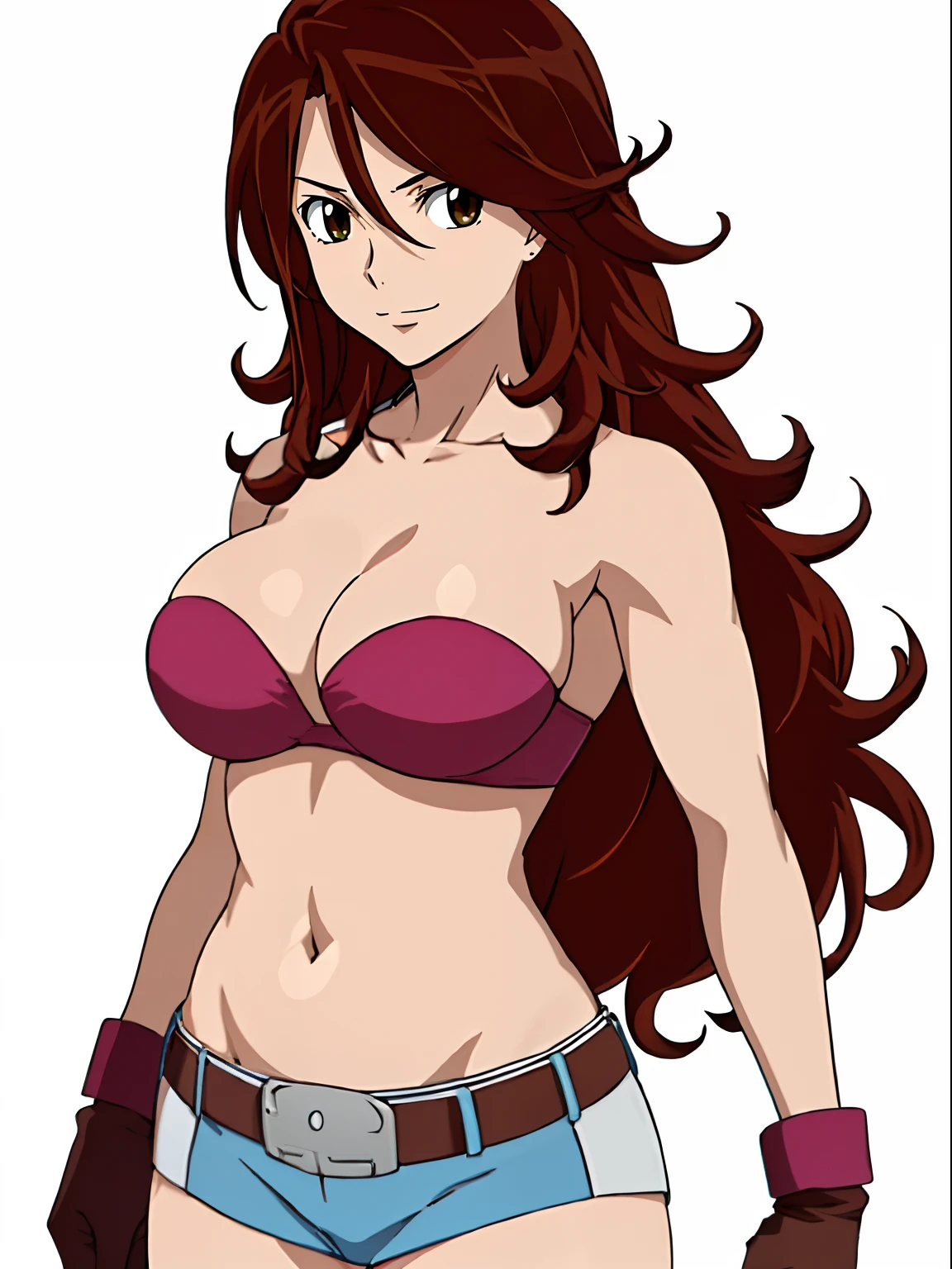 ((solo)), Best Quality, hires, curvy midsection, (strong woman, female wrestler, detailed muscles), smile, happy), upper body only, anime style: 1.8, anime drawing, ultra detailed face, ultra detailed body, 4k, Sumergai Lee Noriega, (standing), best quality, anime style, hires, highest definition, digital blending, bold drawing lines, (((White Background))), ( (pro female wrestler), long attractive belly, slim body, ((strong arm muscles)), broad shoulders , off-shoulders, closed fists, (strapless bikini, shorts, white gloves, , arm band, (champion belt))), (large breasts, defined cleavage, closed mouth, sexy navel), (big eyes, brown eyes, shiny eyes), (reddish hair, loose hair, curly hair, wavy hair, long hair, floating hair), 27 years old