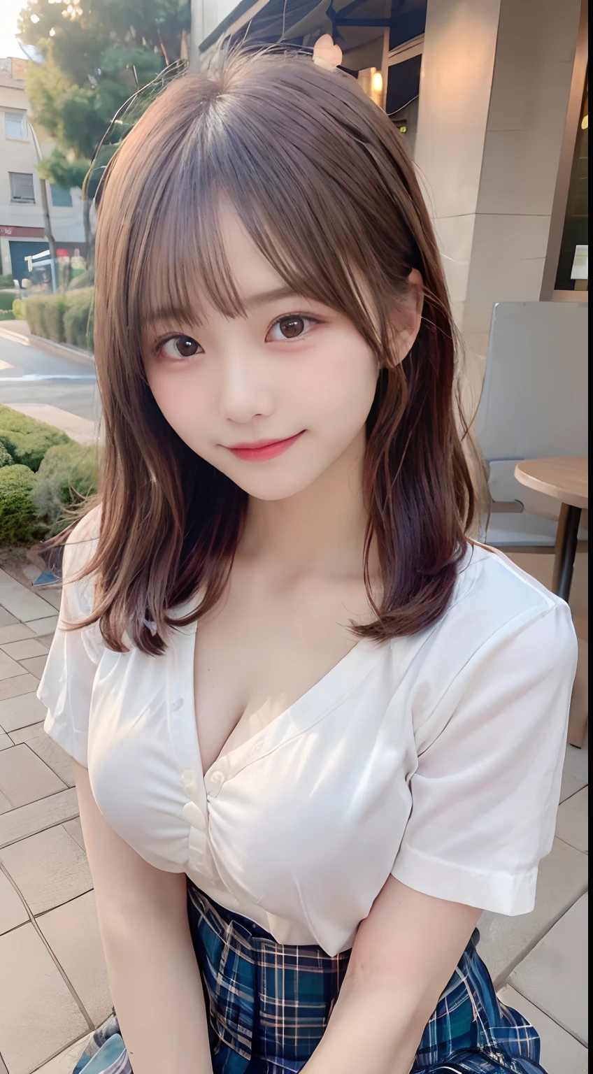 masutepiece, Best Quality,
Ultra-detailed, finely detail, hight resolution, in 8K,
((Photorealsitic:1.4, Raw photography, 超A high resolution,Top image quality: 1.4)),
Wallpaper,
((Perfect whole body configuration1.5)),
Beautiful detailed eyes, Natural Color Lip,
((a serene smile:1.5)),
((Random and cute hairstyles)),
((Uniform Y-shirt:1.5,student clothes、School uniform shirt、Shirt open、plaid skirts)),
((Random breast sizes from large to medium、cleavage of the breast:1.2)),
((leaning-forward:1.5,Spread your legs apart:1.9,crouching down)),
((breastsout、under look eyes、Mole on the arm:0.9)),
((peer in from below)),
((Background in front of the café at sunset、Ball bokeh、f lare)),
((Smile)),
((((1 female:1.5))))
very detailed and professional lighting、
((Smile:1.5))、
((thigh visible:1.5))