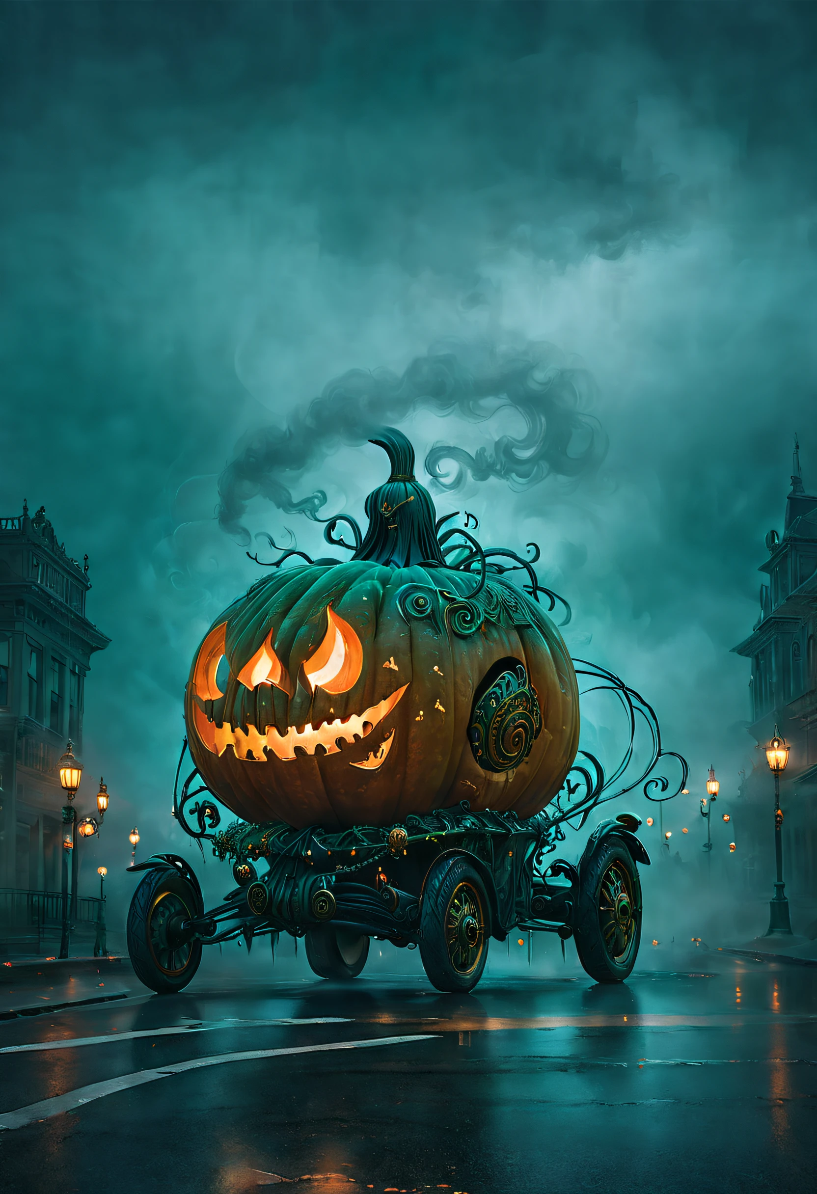 ssta, Enchanted Pumpkin Buggie casually cruising down a city roadway, beautifully adorned with intricate carvings and glowing from within, swirling mist, wonder, dark fairy-tale charm, enchanted vehicle, contrasting with typical mundane reality.