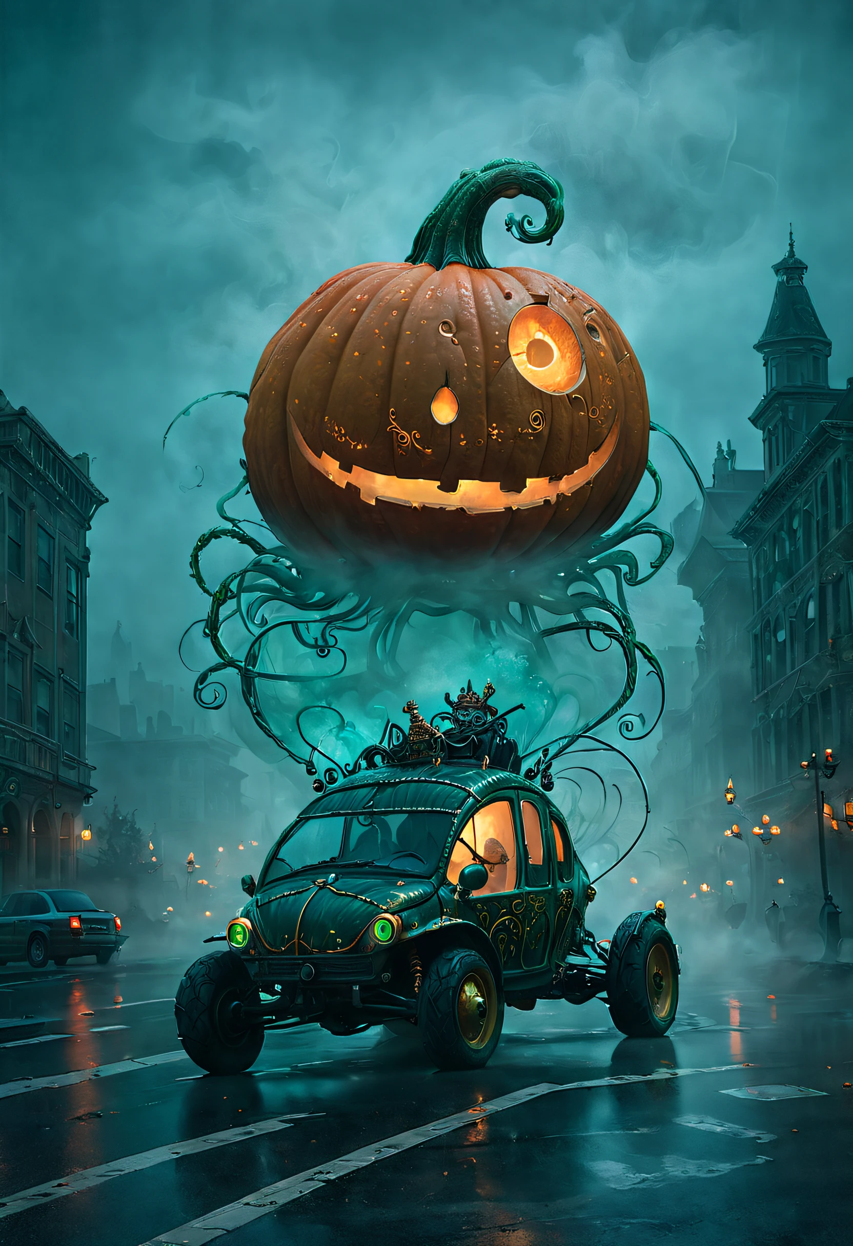 ssta, Enchanted Pumpkin Buggie casually cruising down a city roadway, beautifully adorned with intricate carvings and glowing from within, swirling mist, wonder, dark fairy-tale charm, enchanted vehicle, contrasting with typical mundane reality.