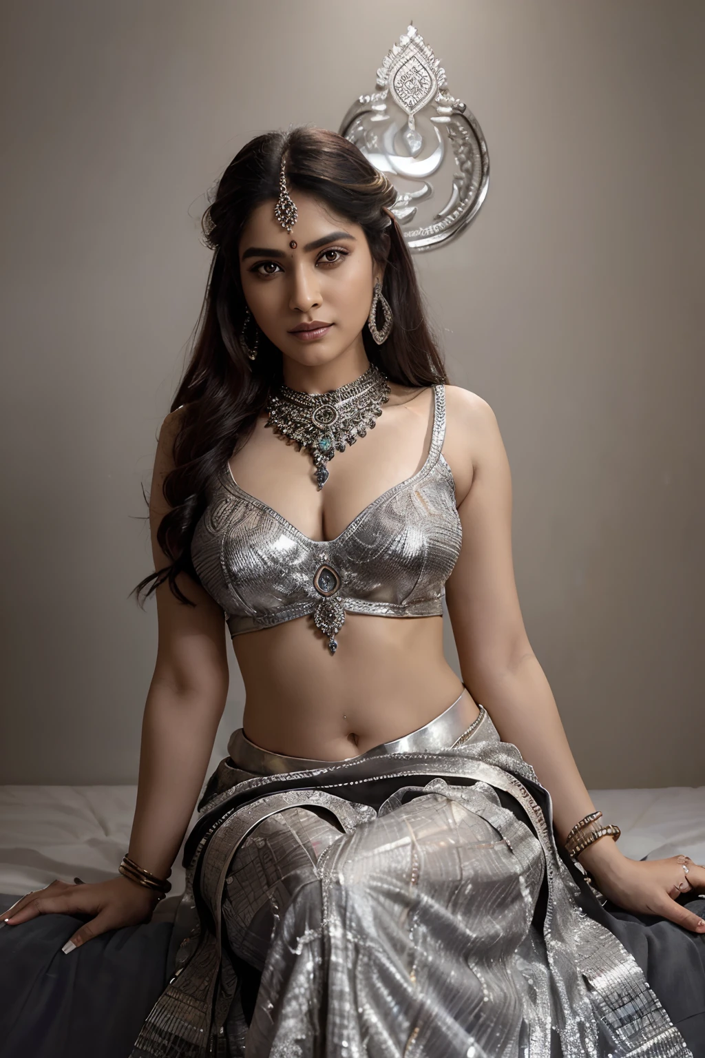(highly detailed), (illustration), (intricate), (beautiful face), (opaque multicolour lehnga),(((gujarati)))),adorning heavy silver jewellery ((( heavy silver jewellery))) traditional beauty,gorgeous beautiful woman, intricate outfit, hindu aesthetic,dressed in traditional 19th-century Indian aesthetic lehenga, ((( traditional lehnga))) ((( traditional costumes))) ((( ethenic costumes))),(((black bindi))), beautiful eyes with wing liner, (((beautiful night background))) , multicolour light in background. As the sacred trident pierces the air. In this realistic art, let her grace and might unfold, (positive energy) known as divine shakti (feminine energy/ power) that is used against the negative forces of evil and wickedness. She protects her devotees from evil powers and safeguards them