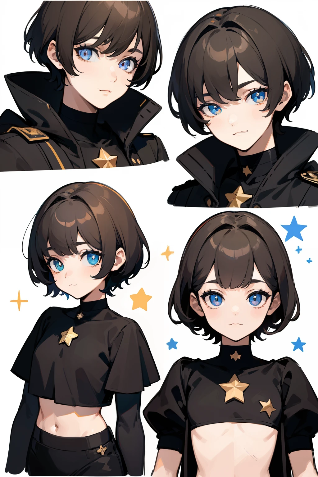 ((Masterpiece, Highest quality)), Detailed face, character sheets, full bodyesbian, Full of details, Multiple poses and expressions, Highly detailed, Depth, Many parts, 1boys , Children all over the body :3,  Black crop top， mitts, Stockings, Black choker, The eye, Star (symbol), pupils in symbol shapes