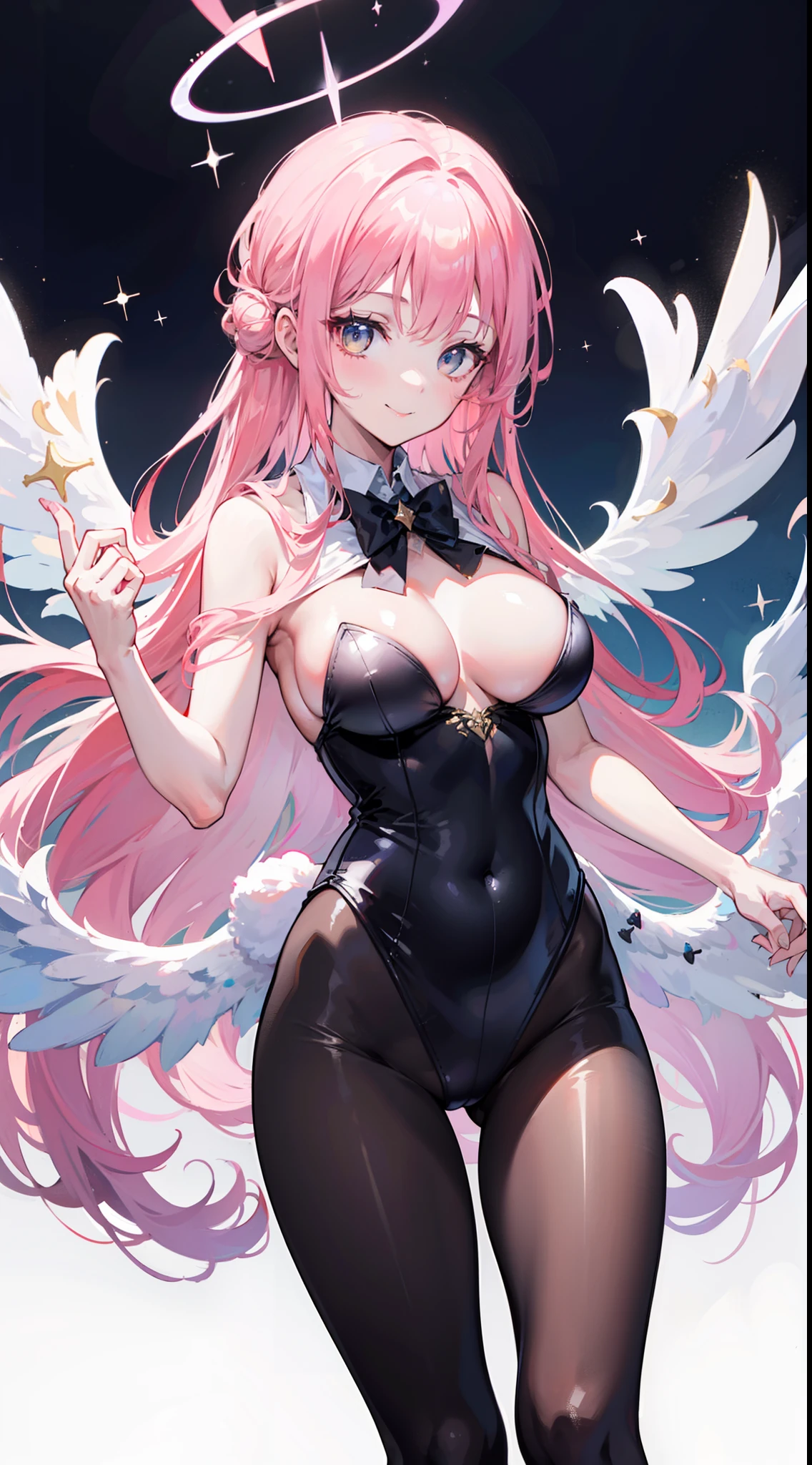 Light smile, 8K, Best quality, boobs,pink long hair,black pantyhose,bunny girl clothes.wings,halo
