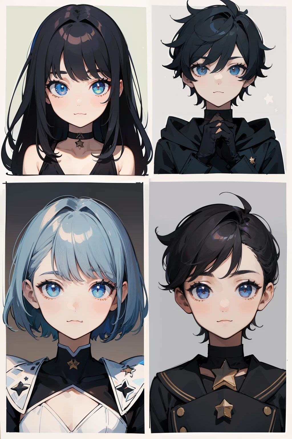 ((Masterpiece, Highest quality)), Detailed face, character sheets, full bodyesbian, Full of details, Multiple poses and expressions, Highly detailed, Depth, Many parts, 1boys , Children all over the body :3,  Black crop top， mitts, Stockings, Black choker, The eye, Star (symbol), pupils in symbol shapes