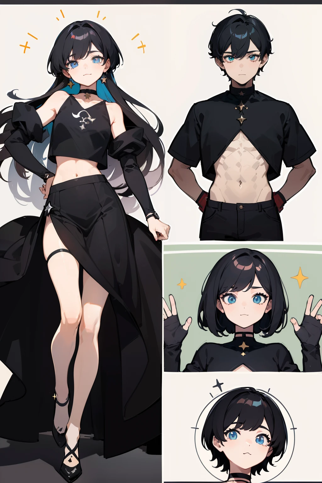 ((Masterpiece, Highest quality)), Detailed face, character sheets, full bodyesbian, Full of details, Multiple poses and expressions, Highly detailed, Depth, Many parts, 1boys , Children all over the body :3, Black crop top, mitts, Stockings, Black choker, The eye, Star (symbol), pupils in symbol shapes