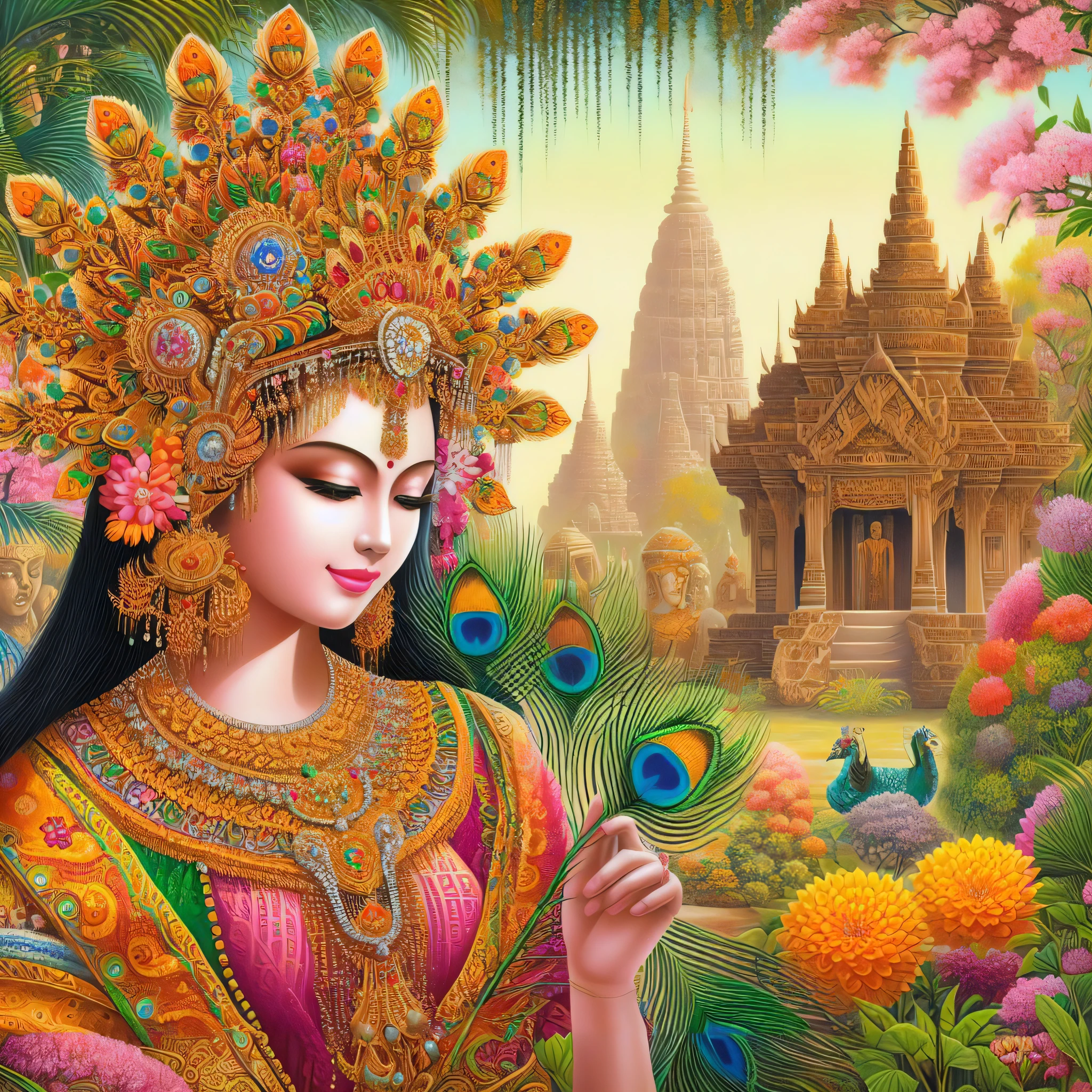 a painting of a woman in a colorful dress holding a peacock, indian goddess of wealth, thailand art, a beautiful fantasy empress, goddess of love and peace, gilded lotus princess, a goddess in a field of flowers, goddess. extremely high detail, beautiful goddess, flower goddess, pink lotus queen, goddess art, the goddess of autumn harvest