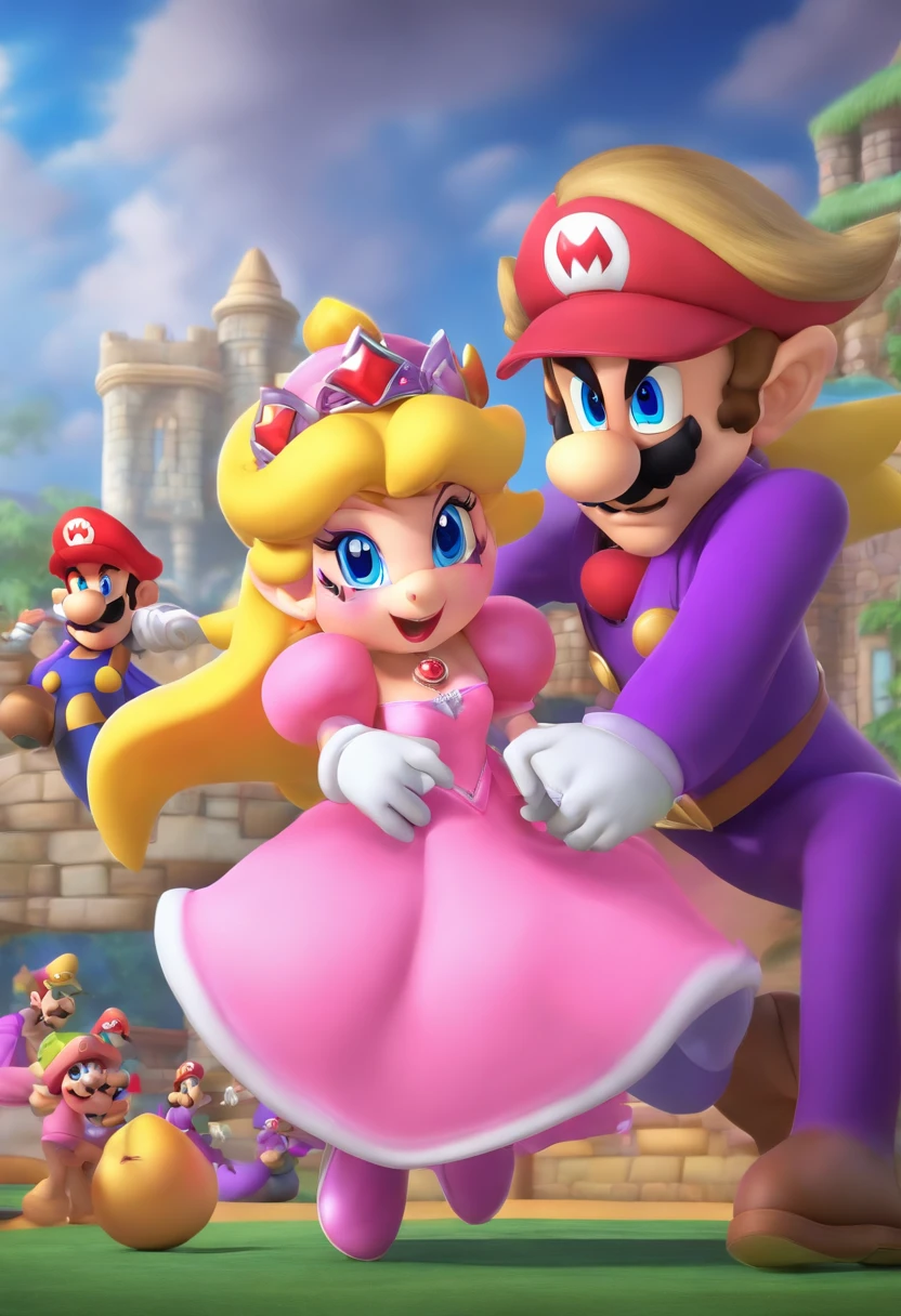 Princess peach getting tag teamed by waluigi and wario