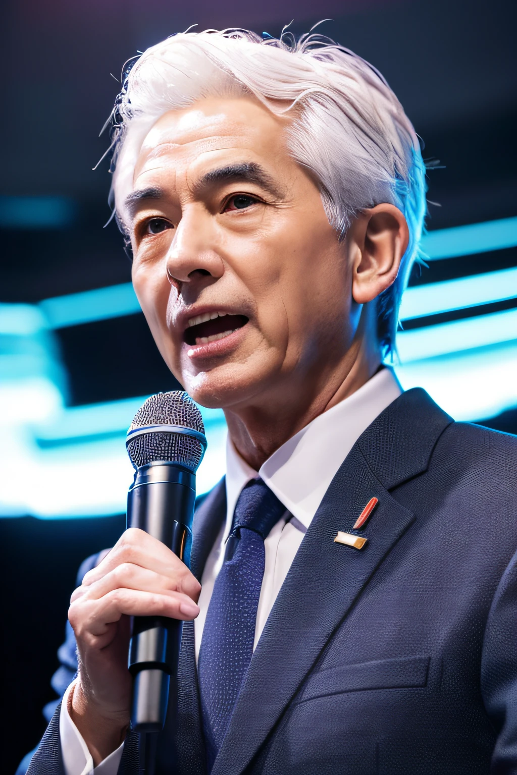 japanes、asian human、Holding a microphone in hand、Speak with your mouth open、Heat Valve、suit and tie、Man in his 60s、white hair、Authoritative face、Dr、Body and head straight in the photo、DSRL、Facing the viewer of the photo、The eye fixed on the lens is、Shoulders and head shown in the photo、Man in the center of the photo、8K、top-quality、masterpiece、Realistic and realistic photos、Movie Photos、A hyper-realistic、1 persons、detaileds、Perfect litthing、 DSRL、professional photograpy、4K
