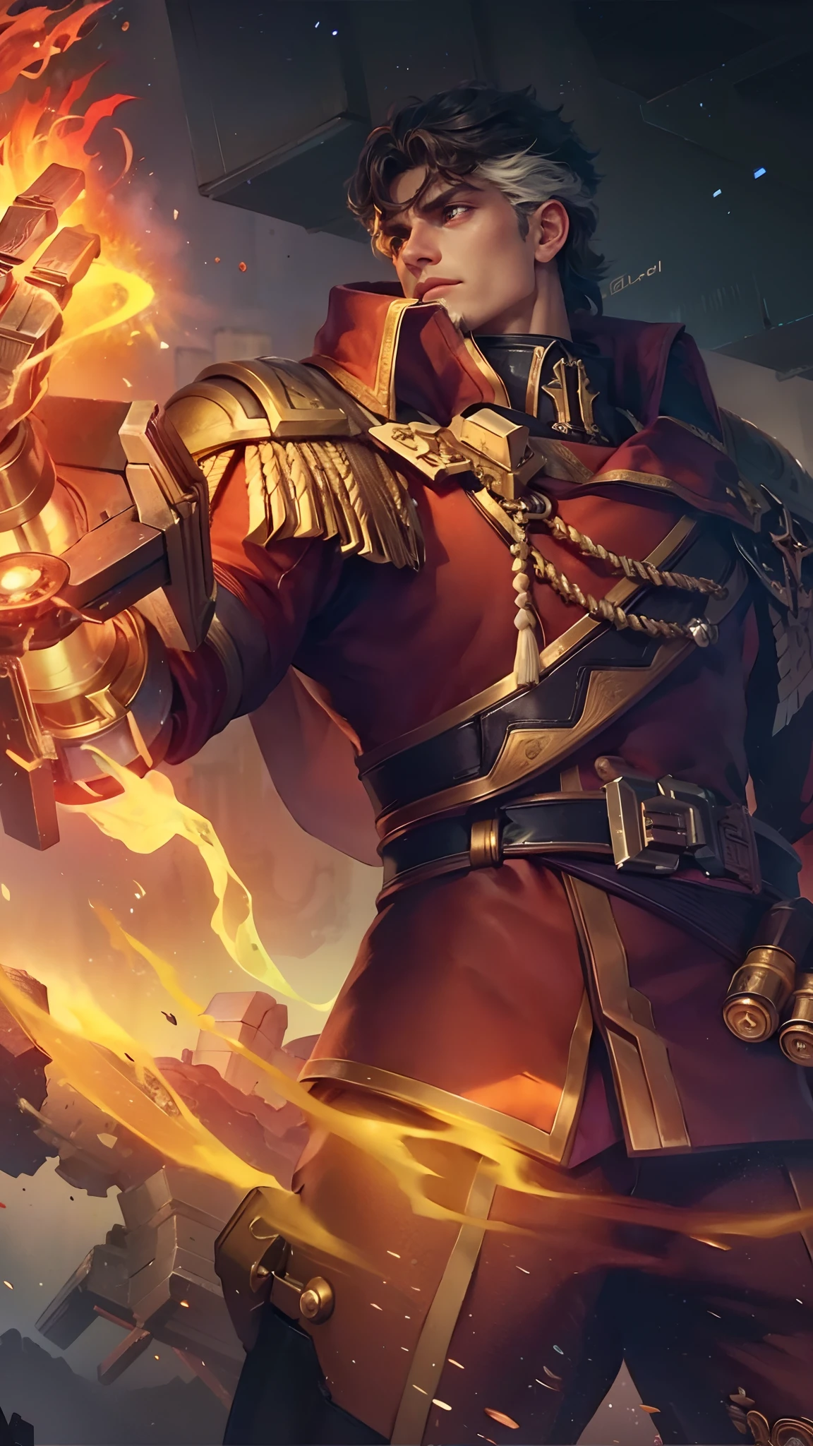 (Intricate Details, Masterpiece, Best Quality, High Resolution, 8k), (1man), (male:1.2), mature, dandy face, finely detailed eyes and face, toned body, masculine appeal, commanding presence, hot stud, bulging biceps and triceps, well-developed quadriceps and hamstrings, light skin, burgundy straight layered bangs hair, aquamarine eyes,  ornate details,  portrait, solo, half shot, looking down, detailed background, detailed face, (cogpunkai, cogpunk theme:1.1),  tech-mage,   [magic|technology], melding of spellcraft and advanced technology,  intricate [spellcasting clothes|mechanical gear], gear shaped glyphs,  ancient crystals,  [gears|ancient spell],  floating particles,  [innovative|enchanting] aura, high tech vehicle in background,   , finely detailed background, Depth of Field, VFX