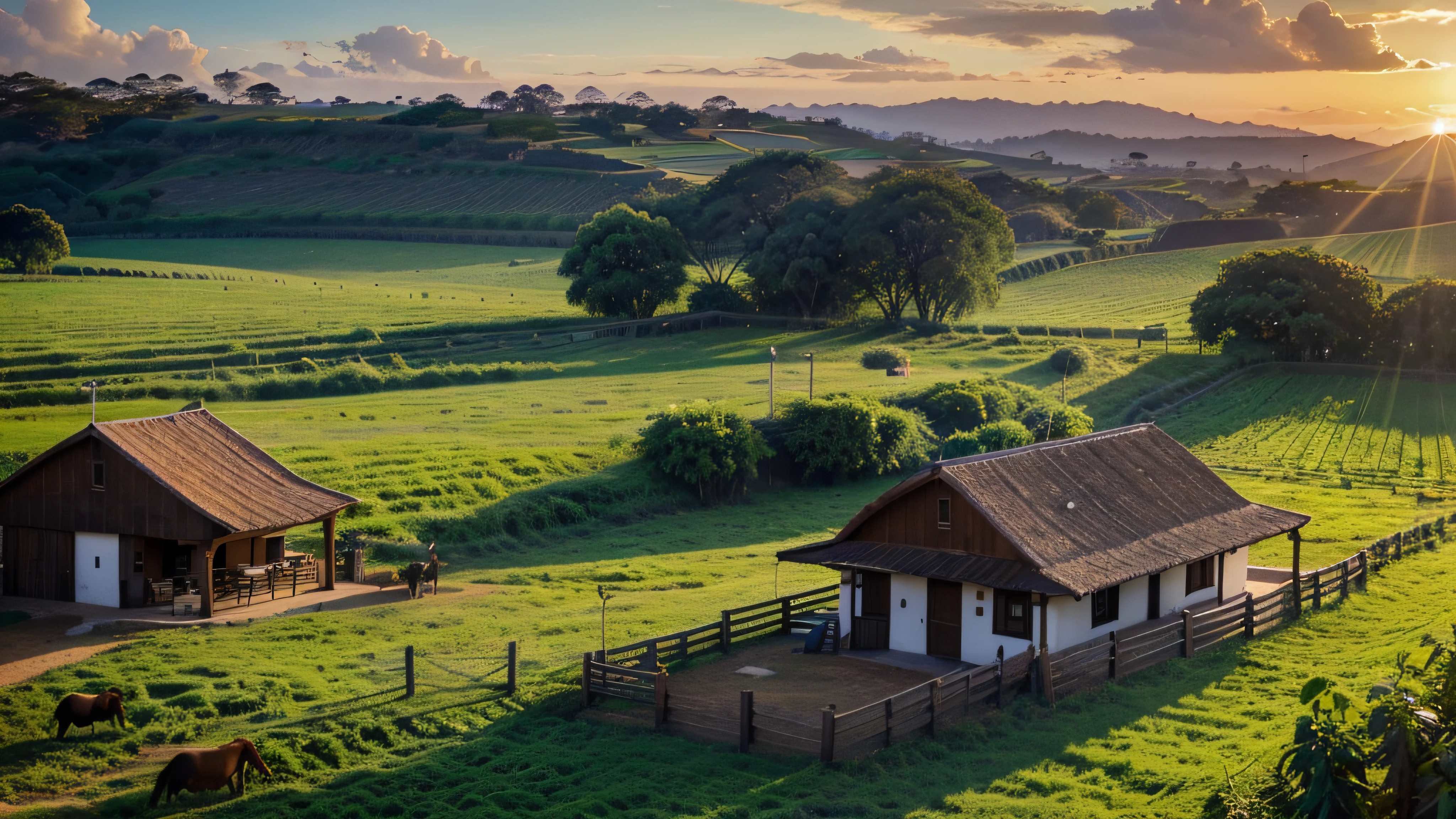 (melhor qualidade,Altas,master part:1.2),ultra-detalhado,Realistic,fazenda,Culturas,Animais,Horse,vaca,porco,galo,Campos,Grama Verde,brazi,celeiro de madeira velho,blue skies,nuvens fofas,sunlight,Sombra,lush vegetation,colheita abundante,espantalho,agricultor,trator,Curral,Quinta,nascer do sol,Sunset,rustic charm,ambiente tranquilo,vivid colors,bela paisagem,Tranquil setting,vida na fazenda,atmosfera serena,Authentic farm experience,natureza vibrante,Agricultural Beauty,Simple and idyllic scene,fazenda para mesa,harvest season.