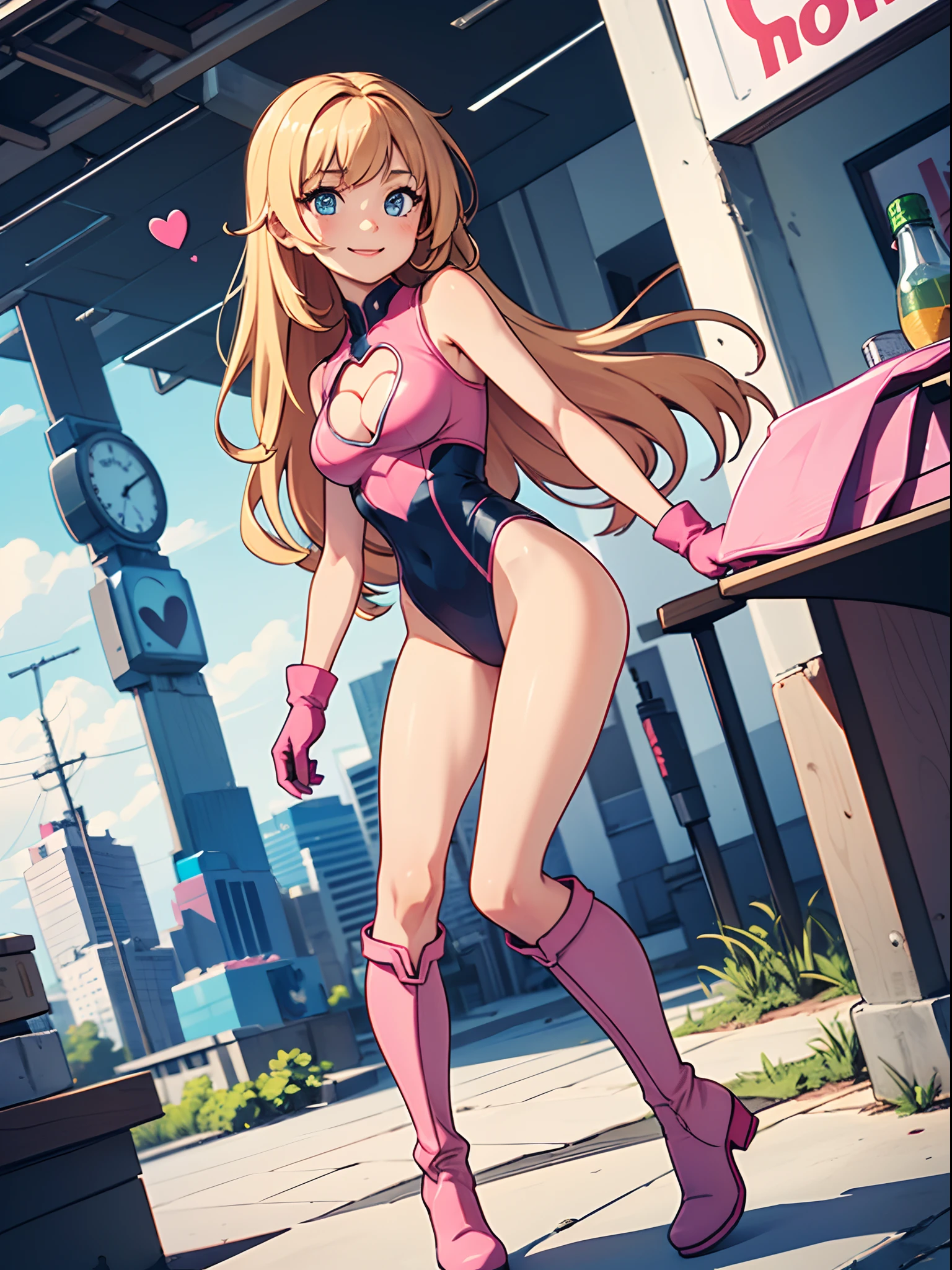 masterpiece)), ((best quality)), ((high res)), 1girl, solo, leotard, bare legs, matching boots, sleeveless, looking at the viewer, city backdrop, perfect hands, perfect eyes, perfect leotard, perfect legs, perfect arms, perfect fingers, perfect anatomy, medium breasts, pink leotard, blonde hair, long hair, knee boots, blue eyes, heart cutout, cute face, hair down, bangs, sleeveless, pink gloves, pink footwear, cleavage cutout, superhero, solo, casual, smile, single, stand, standing