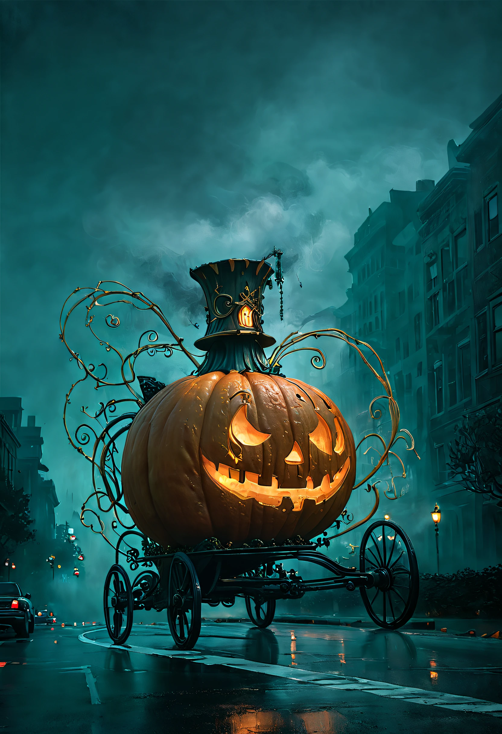 ssta, Enchanted Pumpkin Carriage casually cruising down a city roadway, beautifully adorned with intricate carvings and glowing from within, swirling mist, wonder, dark fairy-tale charm, enchanted vehicle, contrasting with typical mundane reality.