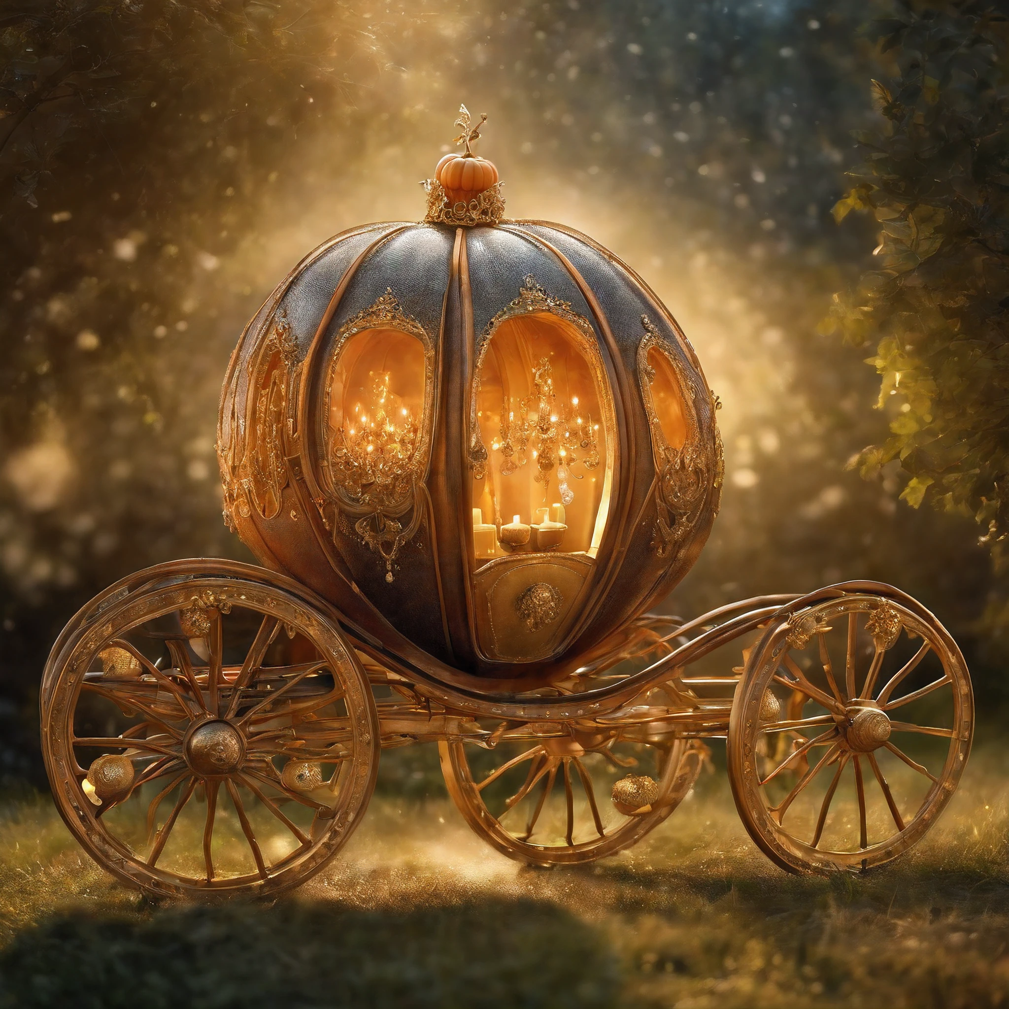 A magnificent pumpkin carriage crafted from golden pumpkins, adorned with exquisite gems and crystals on the carriage. Inside the carriage sits a beautiful fairy dressed in a sparkling gown, driving this pumpkin carriage. High-resolution image of a fairy tale pumpkin carriage, magical transport, fantasy world, fairy godmother, enchanting scene, elegant princess, sparkling gems, fairytale magic, crystal carriage, dreamy, fantasy art, Cinderella's ride, magical journey