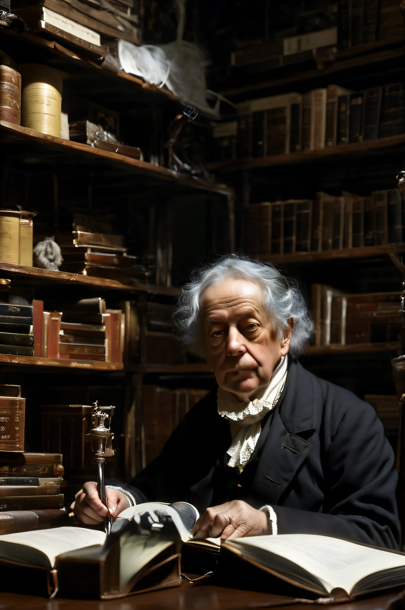 "Create a photorealistic portrait of Washington Irving, the celebrated American author, in the early 19th century. Irving is seated at his writing desk, quill in hand, and an inkwell before him. His study is bathed in soft, diffused light, with shelves filled with books and manuscripts. The room exudes the ambiance of a scholar's retreat. Washington Irving's expression should capture the essence of a literary figure who penned enduring tales like 'The Legend of Sleepy Hollow' and 'Rip Van Winkle,' evoking a sense of creativity, imagination, and the timeless magic of storytelling." This photorealistic prompt aims to bring to life the iconic author Washington Irving in a scene that reflects his literary legacy and the charm of his era.