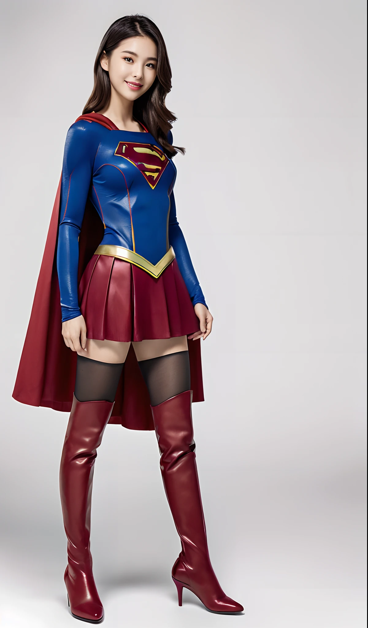 (((Wear black tights on your beautiful legs.)))、(((Grow legs、tall、beauty legs)))、(((facial expression of smile)))、((((Make the most of the original image)))、(((Supergirl Costume)))、(((beautiful hairl)))、(((Suffering)))、(((Feet must necessarily be worn with black tights)))、(((You need to wear red boots)))、((Top image quality、8K))、((top-quality、8K、masterpiece:1.3))、(((Keep your background simple)))、Crisp focus:1.2、Beautiful woman with perfect body shape:1.4、Slender Abs:1.2、Highly detailed facial and skin texture、8K、Asian Beautiful Girl