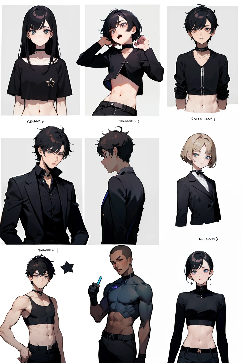((Masterpiece, Highest quality)), Detailed face, character sheets, full bodyesbian, Full of details, Multiple poses and expressions, Highly detailed, Depth, Many parts, 1boys , Children all over the body :3, Black crop top, mitts, Stockings, Black choker, The eye, Star (symbol), pupils in symbol shapes