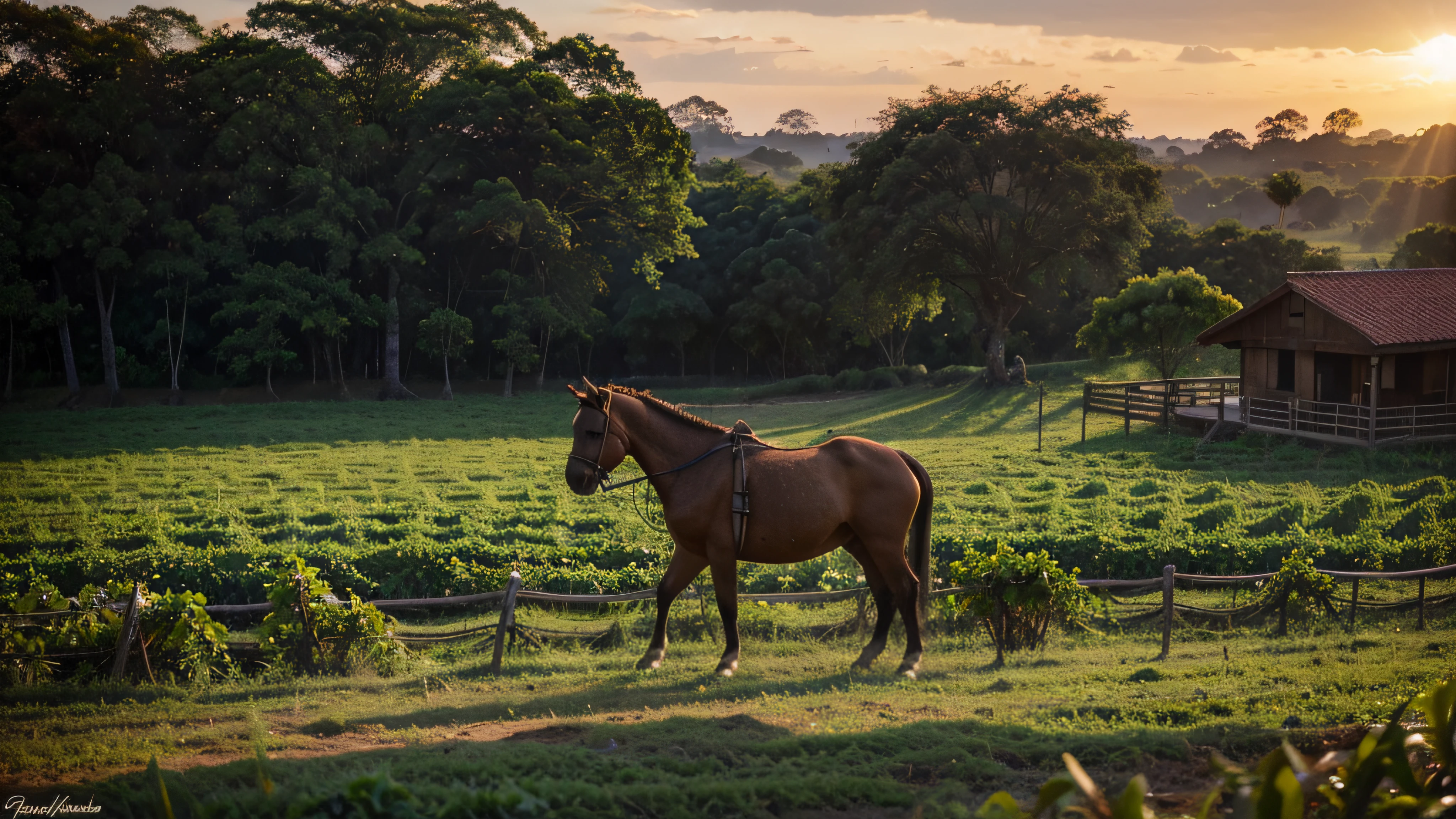 (melhor qualidade,Altas,master part:1.2),ultra-detalhado,Realistic,fazenda,Culturas,Animais,Horse,vaca,porco,galo,Campos,Grama Verde,brazi,celeiro de madeira velho,blue skies,nuvens fofas,sunlight,Sombra,lush vegetation,colheita abundante,espantalho,agricultor,trator,Curral,Quinta,nascer do sol,Sunset,rustic charm,ambiente tranquilo,vivid colors,bela paisagem,Tranquil setting,vida na fazenda,atmosfera serena,Authentic farm experience,natureza vibrante,Agricultural Beauty,Simple and idyllic scene,fazenda para mesa,harvest season. A noite, noite escura, clima dark, lua cheia no ceu