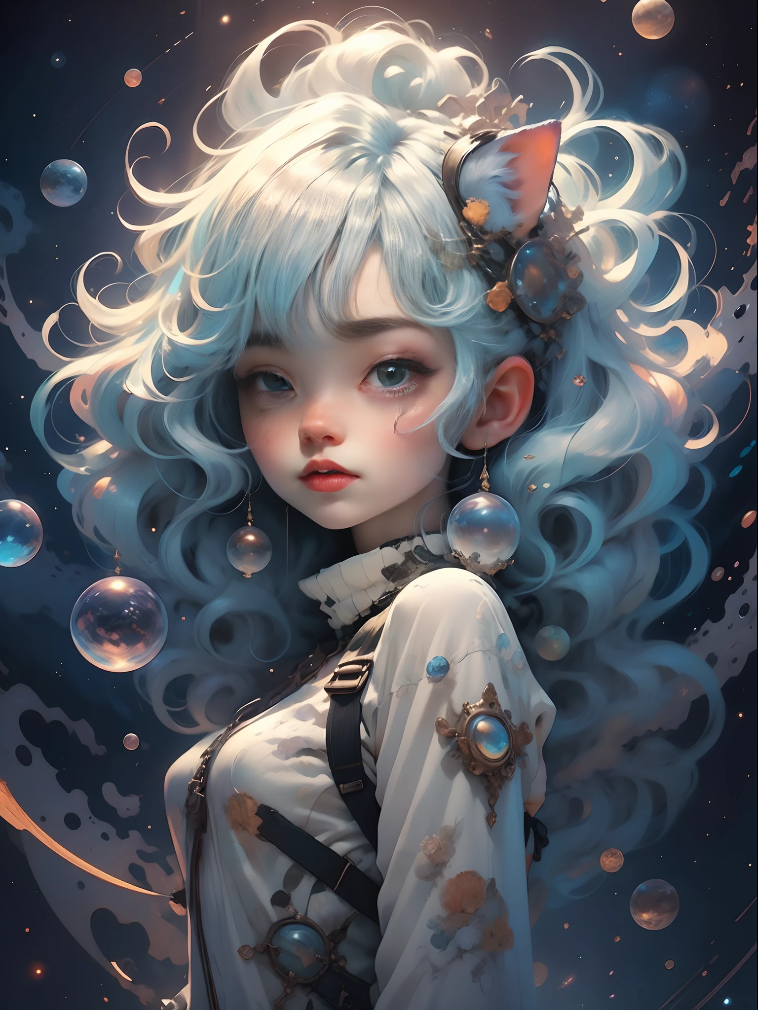 silver hair and body, cute tabby cat, anime stye badass girl, cute but powerful, whymsical, space themed, retro, cosmic, cat, futuristic, not on planet earth. Anime beauty, in the style of iridescent,colorful, crystalcore, colorful animations,silver and blue, aurorapunk, beautiful crystalcore. --s 400