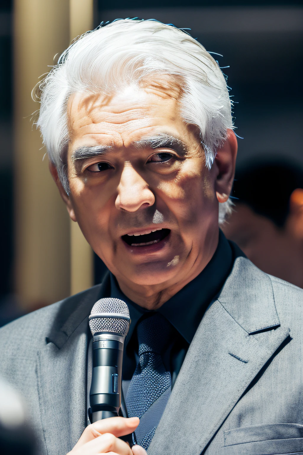 japanes、asian human、Holding a microphone in hand、Speak with your mouth open、Heat Valve、suit and tie、Man in his 60s、white  hair、Authoritative face、Dr、neutral background、Body and head straight in the photo、DSRL、Facing the viewer of the photo、The eye fixed on the lens is、Shoulders and head shown in the photo、Man in the center of the photo、8K、top-quality、​masterpiece、Realistic and realistic photos、Movie Photos、A hyper-realistic、1 persons、detaileds、Perfect litthing、 DSRL、professional photograpy、4K