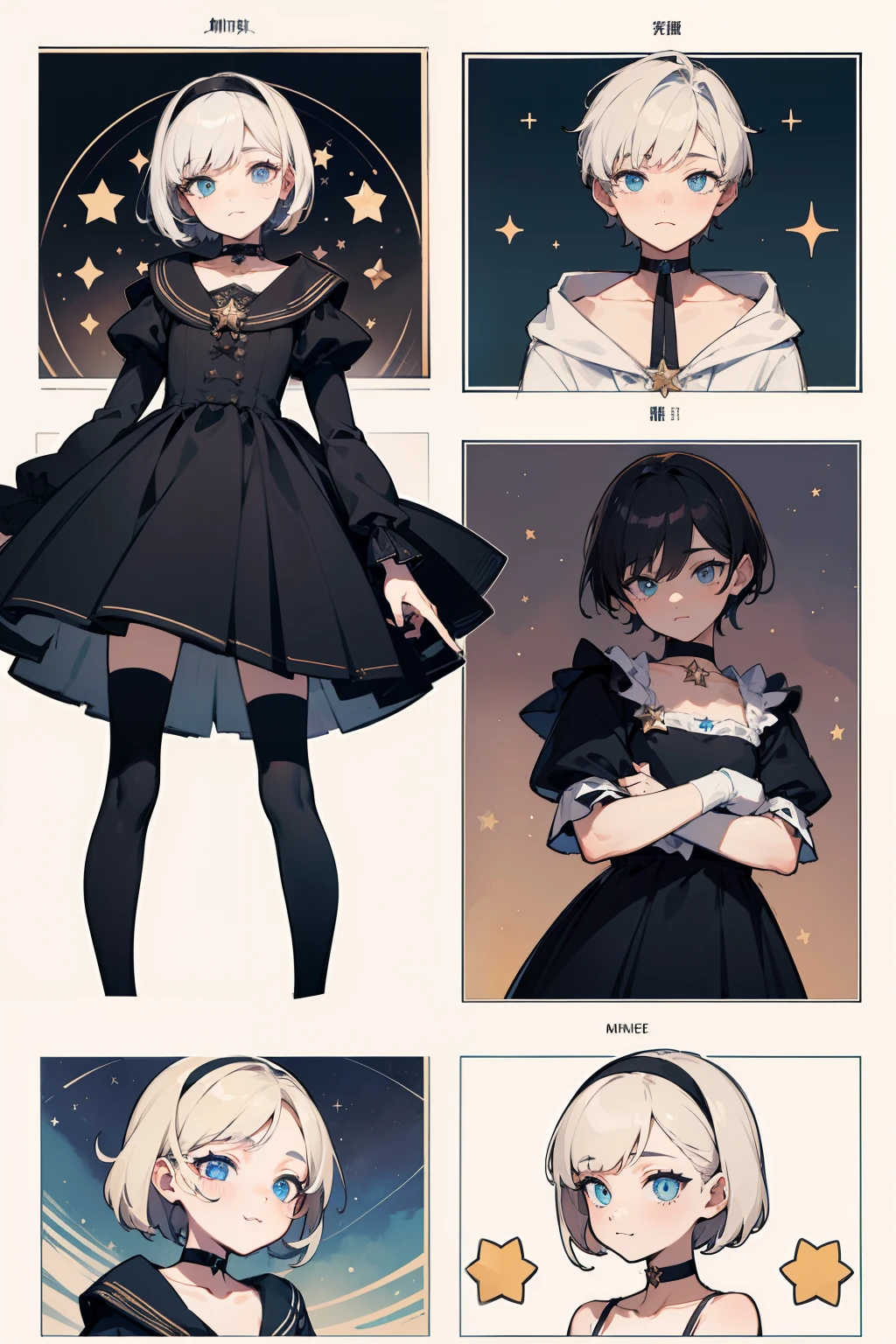 ((Masterpiece, Highest quality)), Detailed face, character sheets, full bodyesbian, Full of details, Multiple poses and expressions, Highly detailed, Depth, Many parts, 1boys , Children all over the body :3, mitts, Stockings, Black choker, The eye, Star (symbol), pupils in symbol shapes