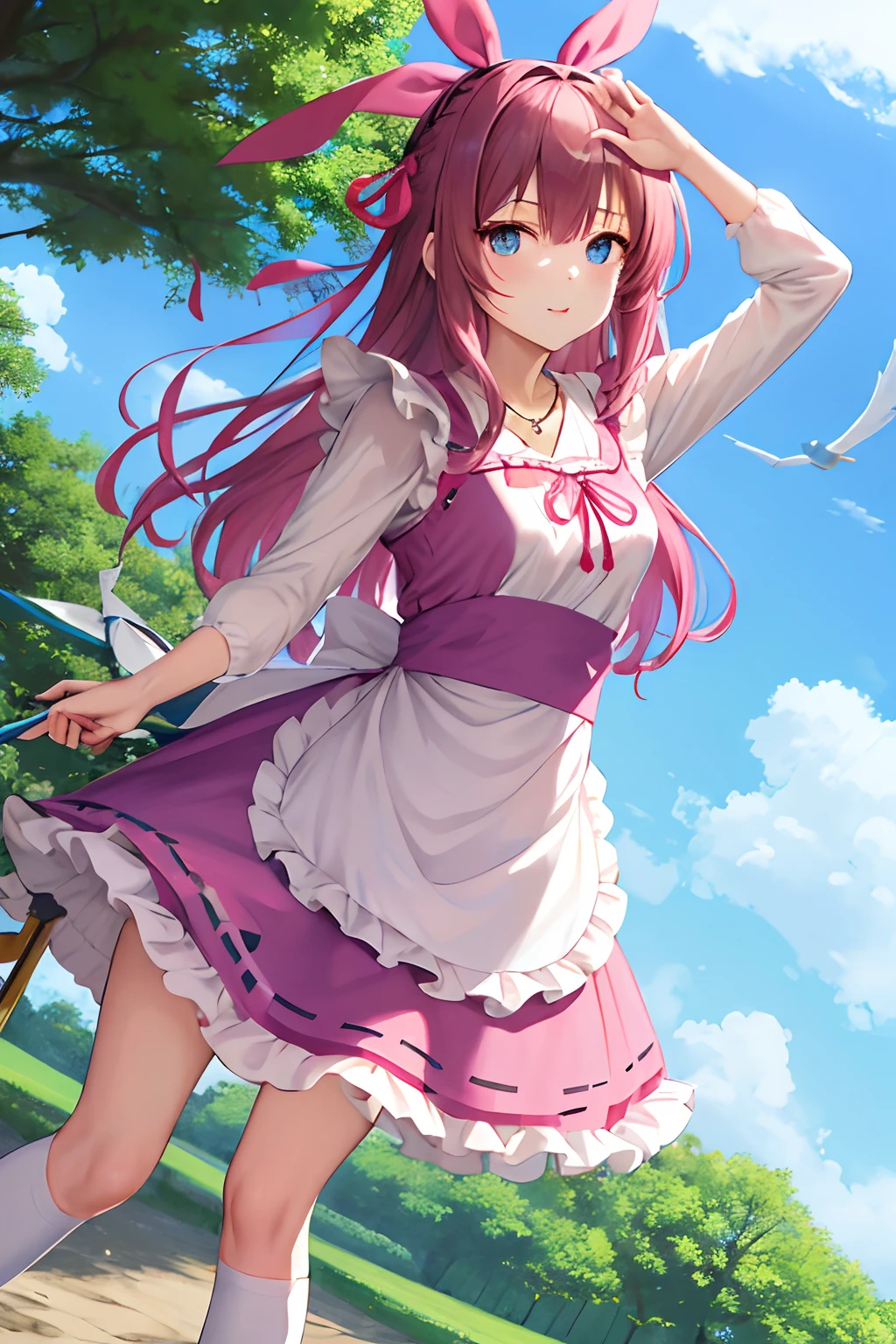 masutepiece, Best Quality, hight resolution, Cel painting, Long hair, bangss、A dark-haired, Face written detailed、Sky Blue Eyes, shairband, Hair Ribbon, Pink Lolita Wampi, pink miniskirt、knee high socks、Key Necklace, Ruffled white large apron,