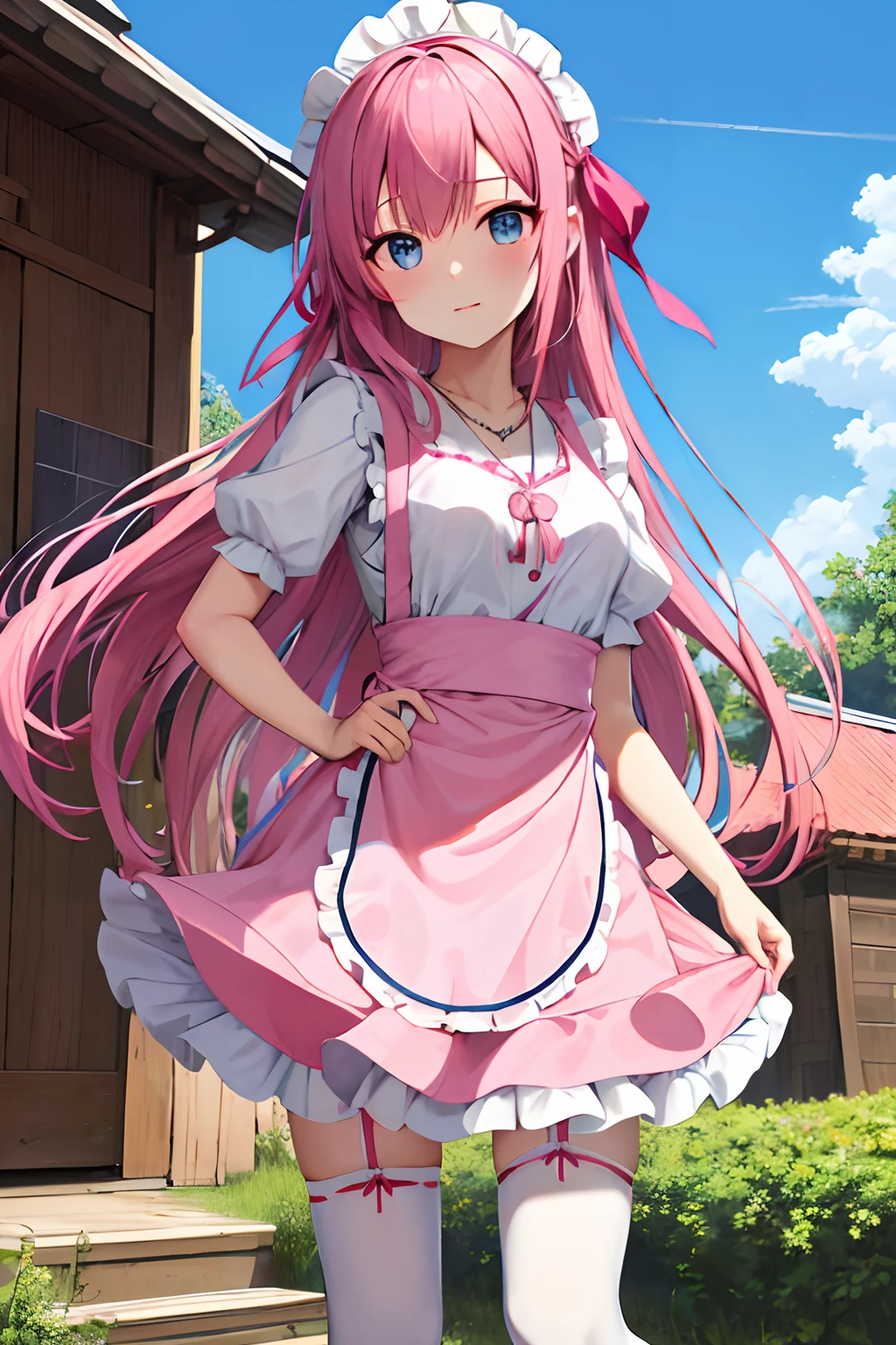 masutepiece, Best Quality, hight resolution, Cel painting, Long hair, bangss、A dark-haired, Face written detailed、Sky Blue Eyes, shairband, Hair Ribbon, Pink Lolita Wampi, pink miniskirt、knee high socks、Key Necklace, Ruffled white large apron,