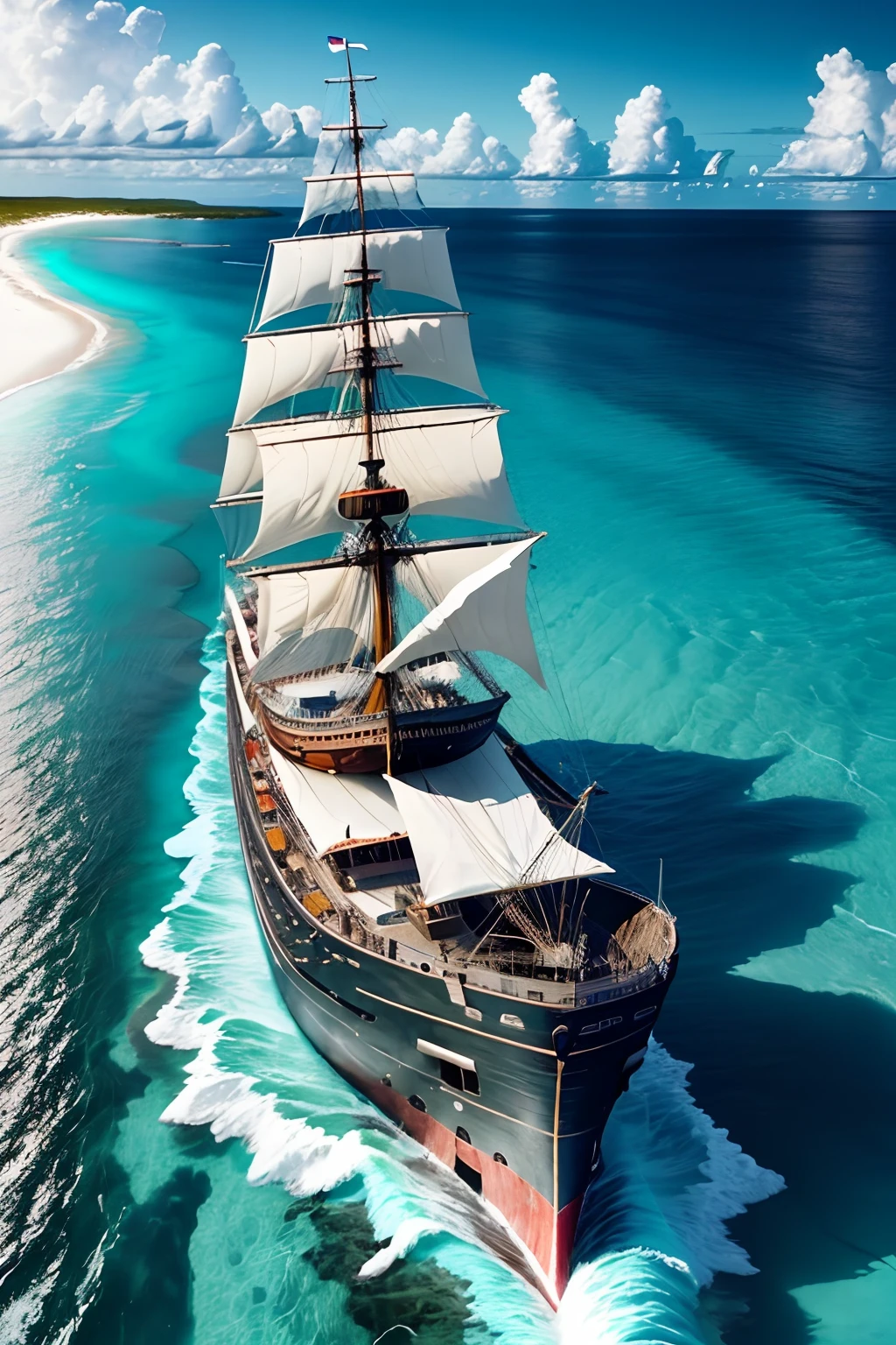 Create an image of Christopher Columbus's ship, the Santa Maria, anchored off the coast of an idyllic Bahamian island. This image should be displayed when discussing Columbus's arrival in the Bahamas on October 12, 1492