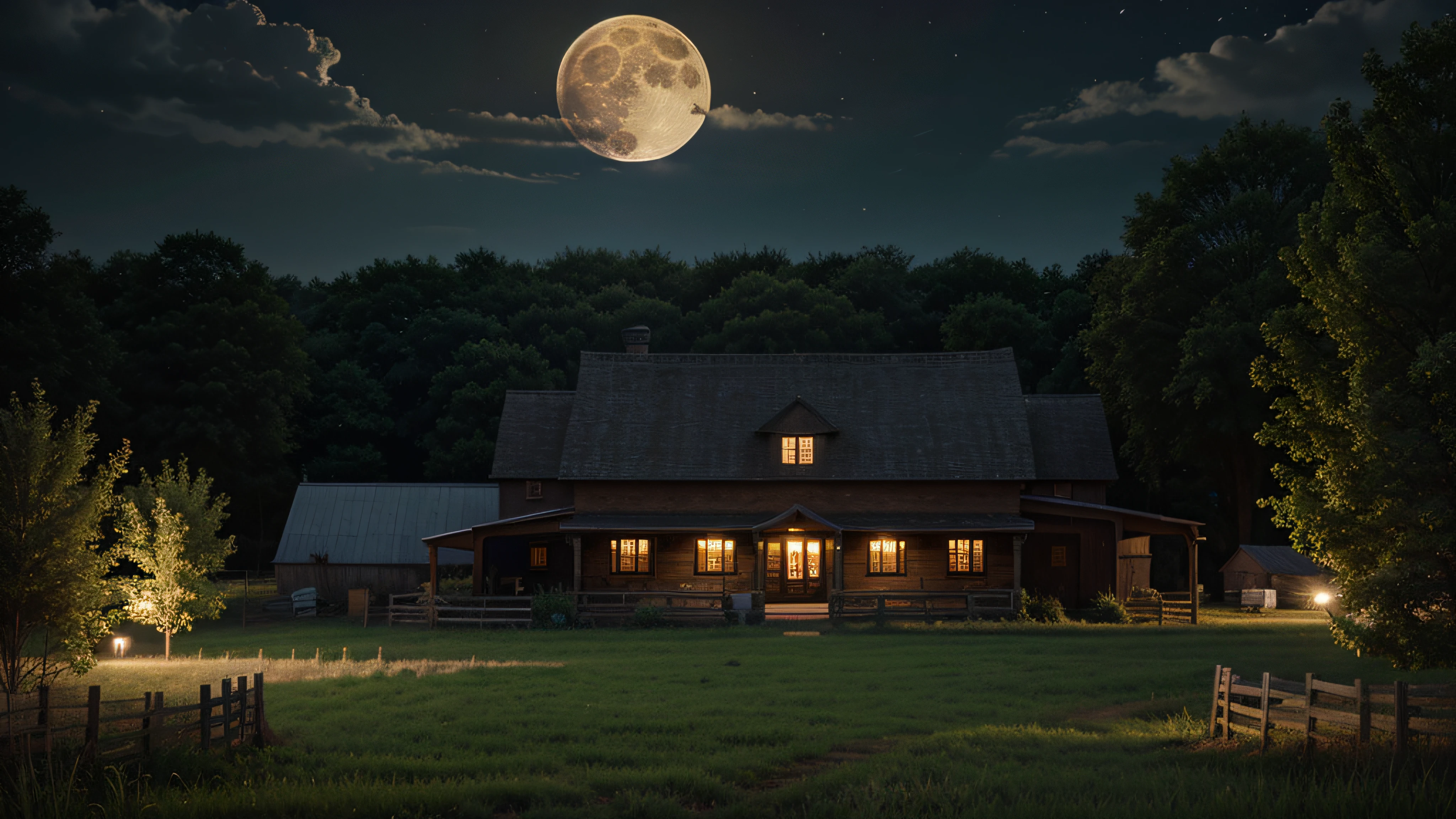 Very realistic, best quality, extremely detailed, farm, night, full moon.