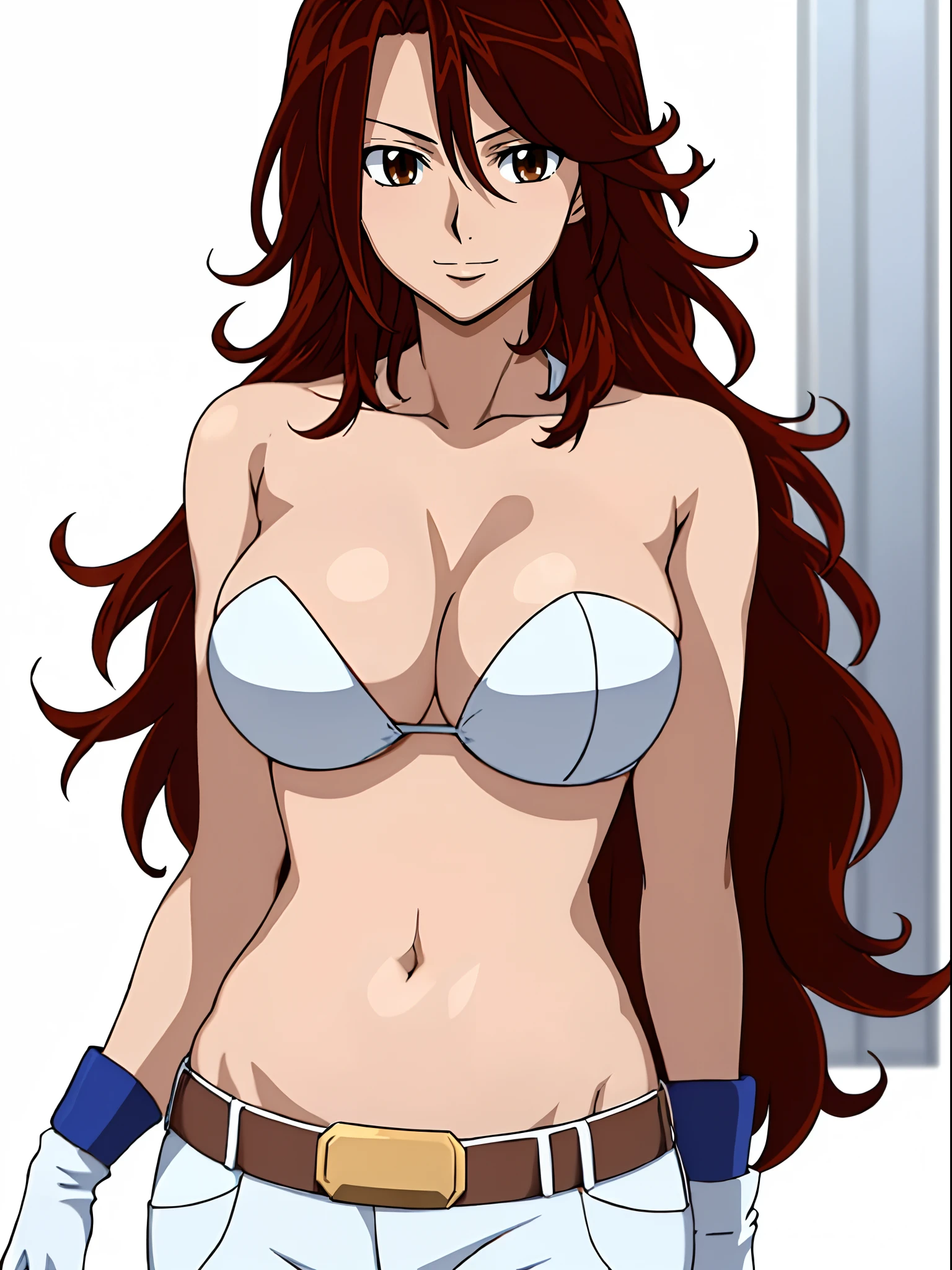 ((solo)), Best Quality, hires, curvy midsection, (strong woman, female wrestler, detailed muscles), smile, happy), upper body only, anime style: 1.8, anime drawing, ultra detailed face, ultra detailed body, 4k, Sumergai Lee Noriega, (standing), best quality, anime style, hires, highest definition, digital blending, bold drawing lines, (((White Background))), ( (pro female wrestler), long attractive belly, slim body, ((strong arm muscles)), broad shoulders , off-shoulders, closed fists, (strapless bikini, shorts, white gloves, , arm band, (champion belt))), (large breasts, defined cleavage, closed mouth, sexy navel, shiny skin), (big eyes, brown eyes, shiny eyes), (reddish hair, loose hair, curly hair, wavy hair, long hair, floating hair)