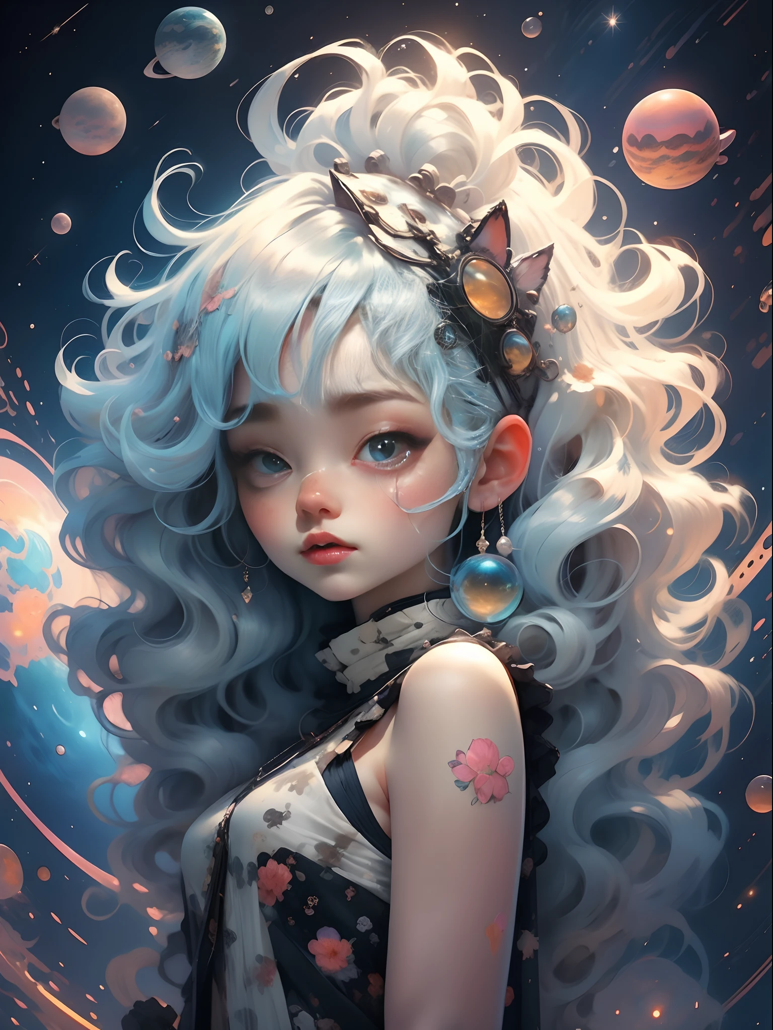 silver hair and body, cute tabby cat, anime stye badass girl, cute but powerful, whymsical, space themed, retro, cosmic, cat, futuristic, not on planet earth. Anime beauty, in the style of iridescent,colorful, crystalcore, colorful animations,silver and blue, aurorapunk, beautiful crystalcore. --s 400