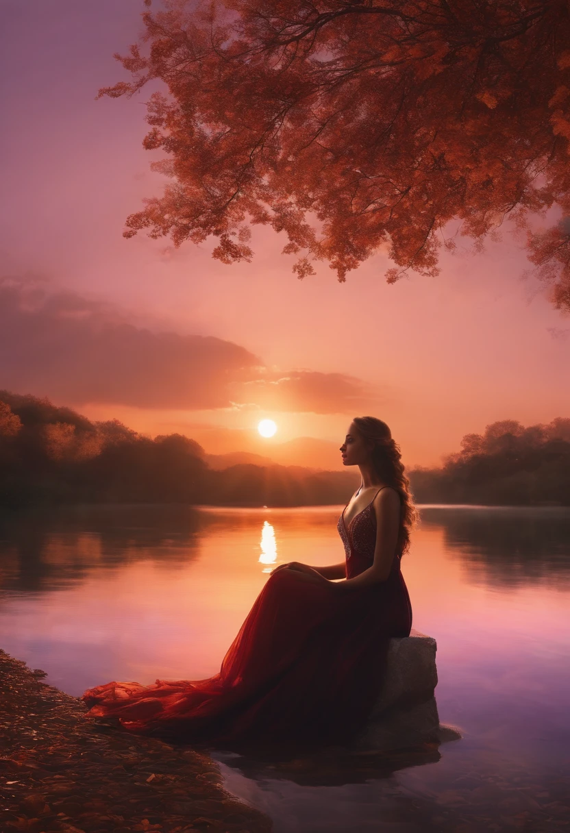 (best quality,4k,8k,highres,masterpiece:1.2),ultra-detailed,(realistic,photorealistic,photo-realistic:1.37),woman,beautiful detailed eyes,beautiful detailed lips,extremely detailed eyes and face,long eyelashes,red flower,serene lake,orange sun,reflecting sunlight,golden ripples,dreamlike atmosphere,misty scenery,ethereal beauty,soft and vibrant colors,subtle lighting,enchanted surroundings,whispering breeze,peaceful ambiance,natural harmony,silhouette of trees on the horizon,floating petals,tranquil water,shimmering reflection,serenity and tranquility,graceful feminine presence,majestic sunset, purple and orange sky,gentle ripples on the water surface,mysterious allure,surreal backdrop,sublime and mesmerizing composition,secluded serenade,a moment frozen in time,captivating and ethereal