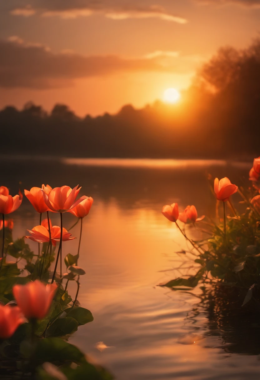(best quality,4k,8k,highres,masterpiece:1.2),ultra-detailed,(realistic,photorealistic,photo-realistic:1.37),woman,beautiful detailed eyes,beautiful detailed lips,extremely detailed eyes and face,long eyelashes,red flower,serene lake,orange sun,reflecting sunlight,golden ripples,dreamlike atmosphere,misty scenery,ethereal beauty,soft and vibrant colors,subtle lighting,enchanted surroundings,whispering breeze,peaceful ambiance,natural harmony,silhouette of trees on the horizon,floating petals,tranquil water,shimmering reflection,serenity and tranquility,graceful feminine presence,majestic sunset, purple and orange sky,gentle ripples on the water surface,mysterious allure,surreal backdrop,sublime and mesmerizing composition,secluded serenade,a moment frozen in time,captivating and ethereal